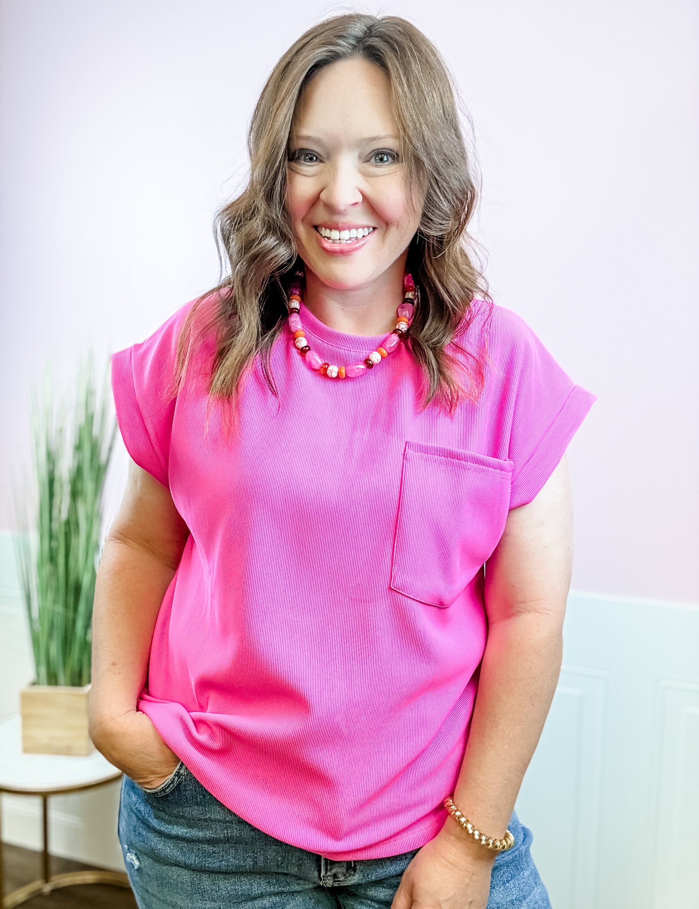 Magenta Ribbed Pocket Tee - Just a Small Town Girl