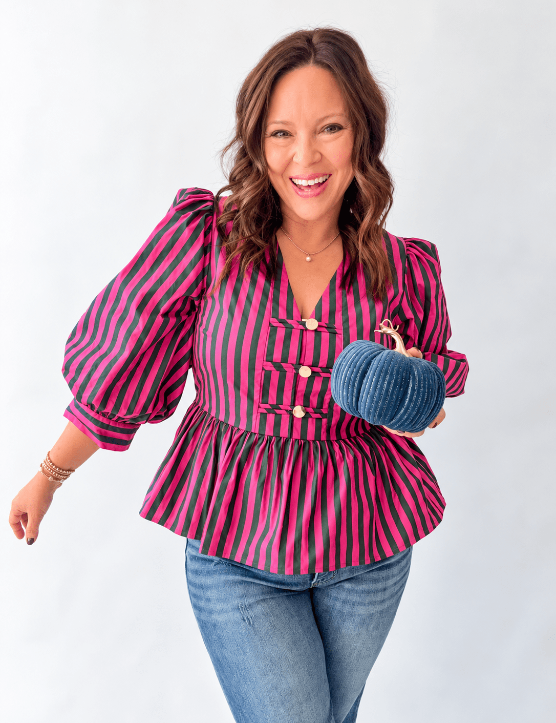 Magenta Stripe Peplum Puff Sleeve Top - Just a Small Town Girl