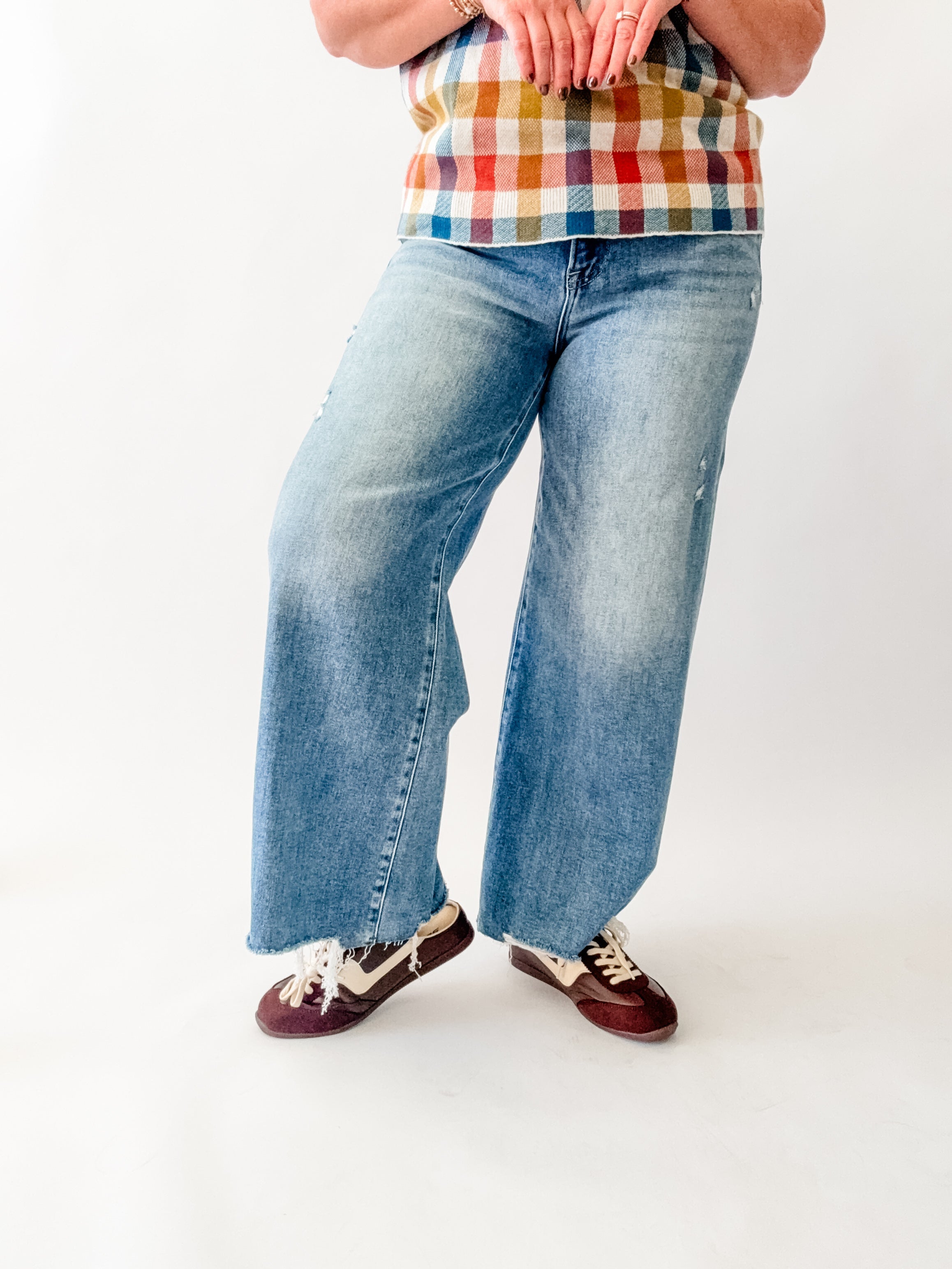Medium Wash Distressed High Rise Crop Wide Leg Jeans - Just a Small Town Girl