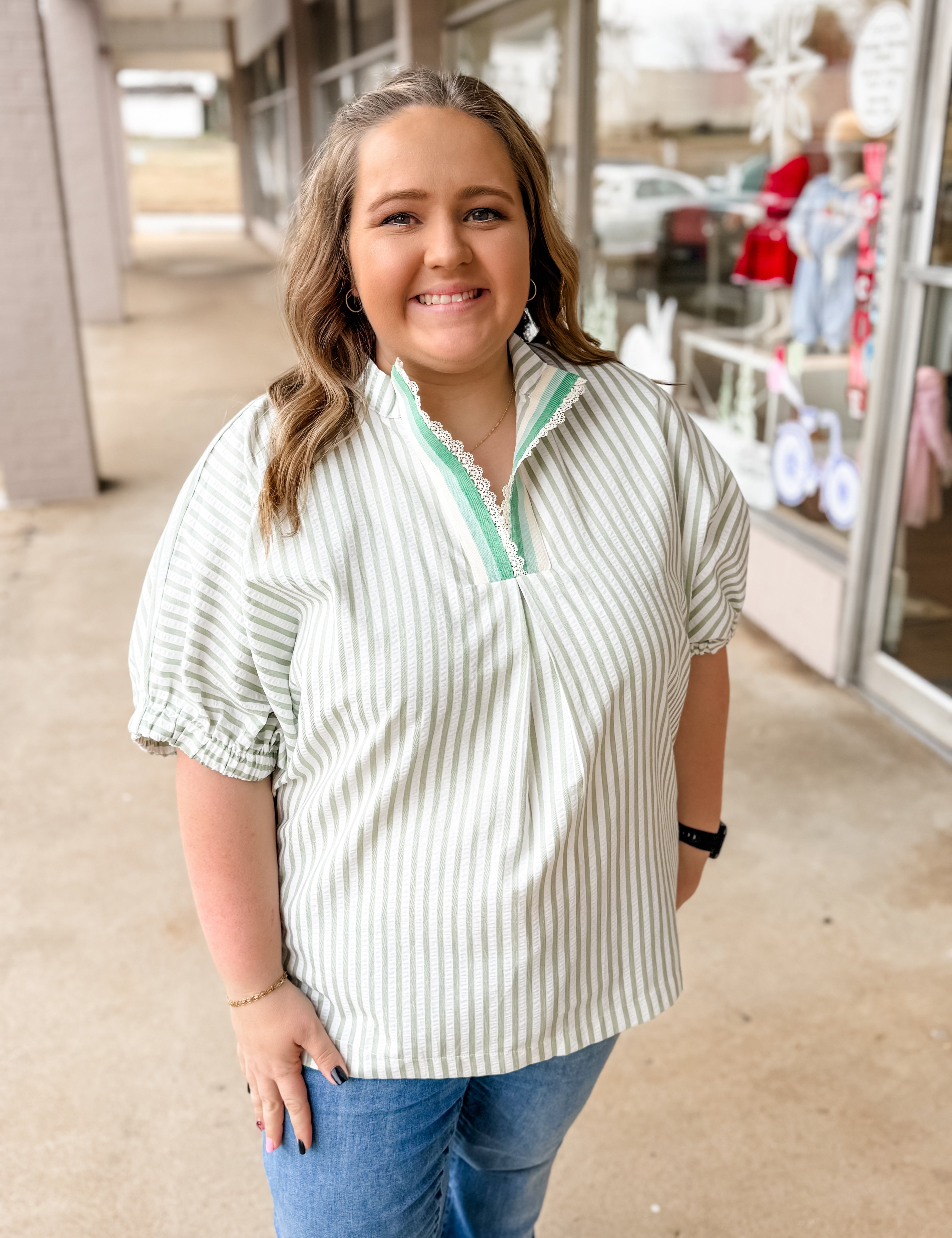 Mint Green Meadow Striped Top: Plus Size - Just a Small Town Girl