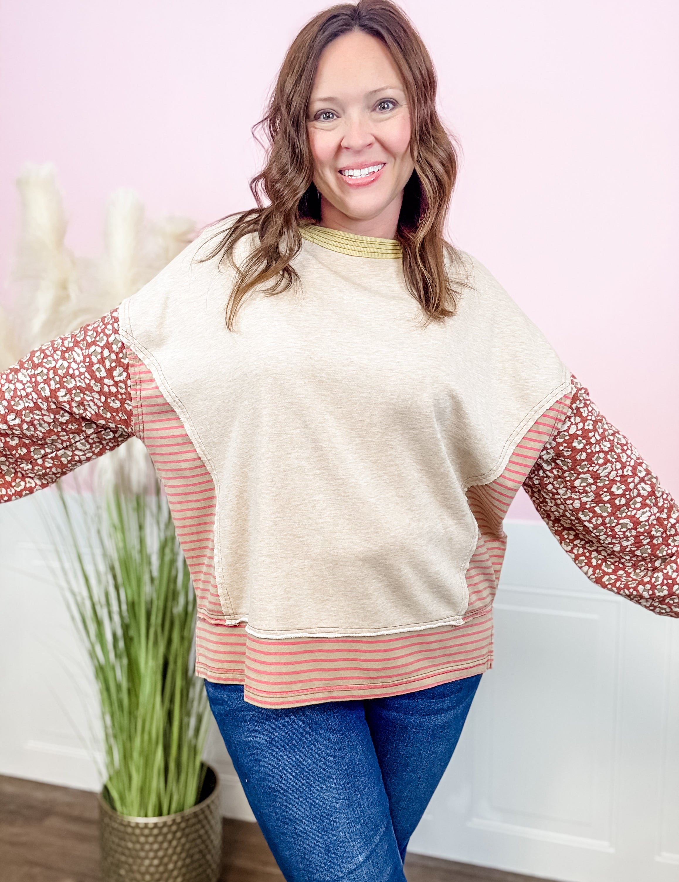 Mixed Print Colorblock Sweatshirt - Just a Small Town Girl