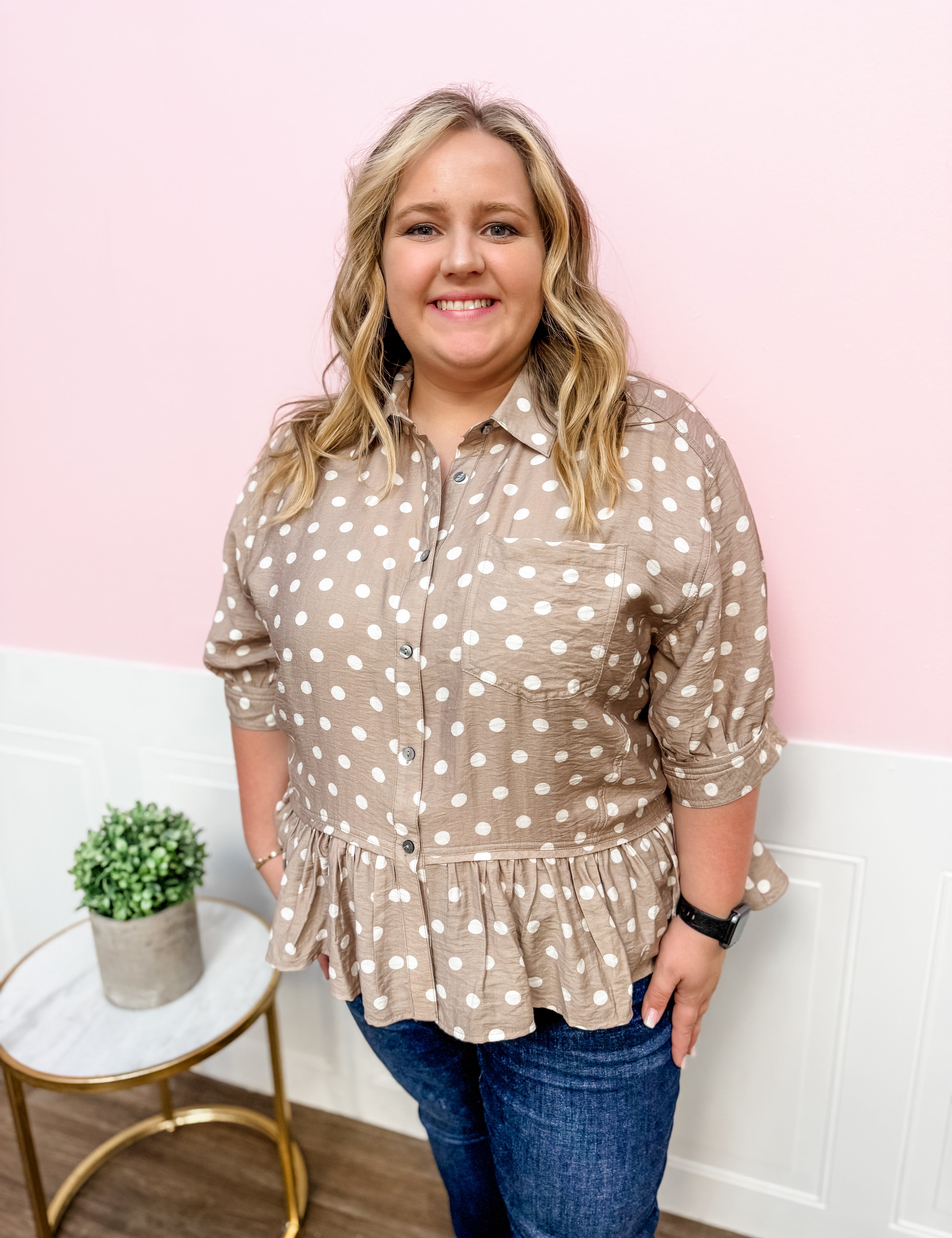 Mocha Dot Ruffle Top: Plus Size - Just a Small Town Girl