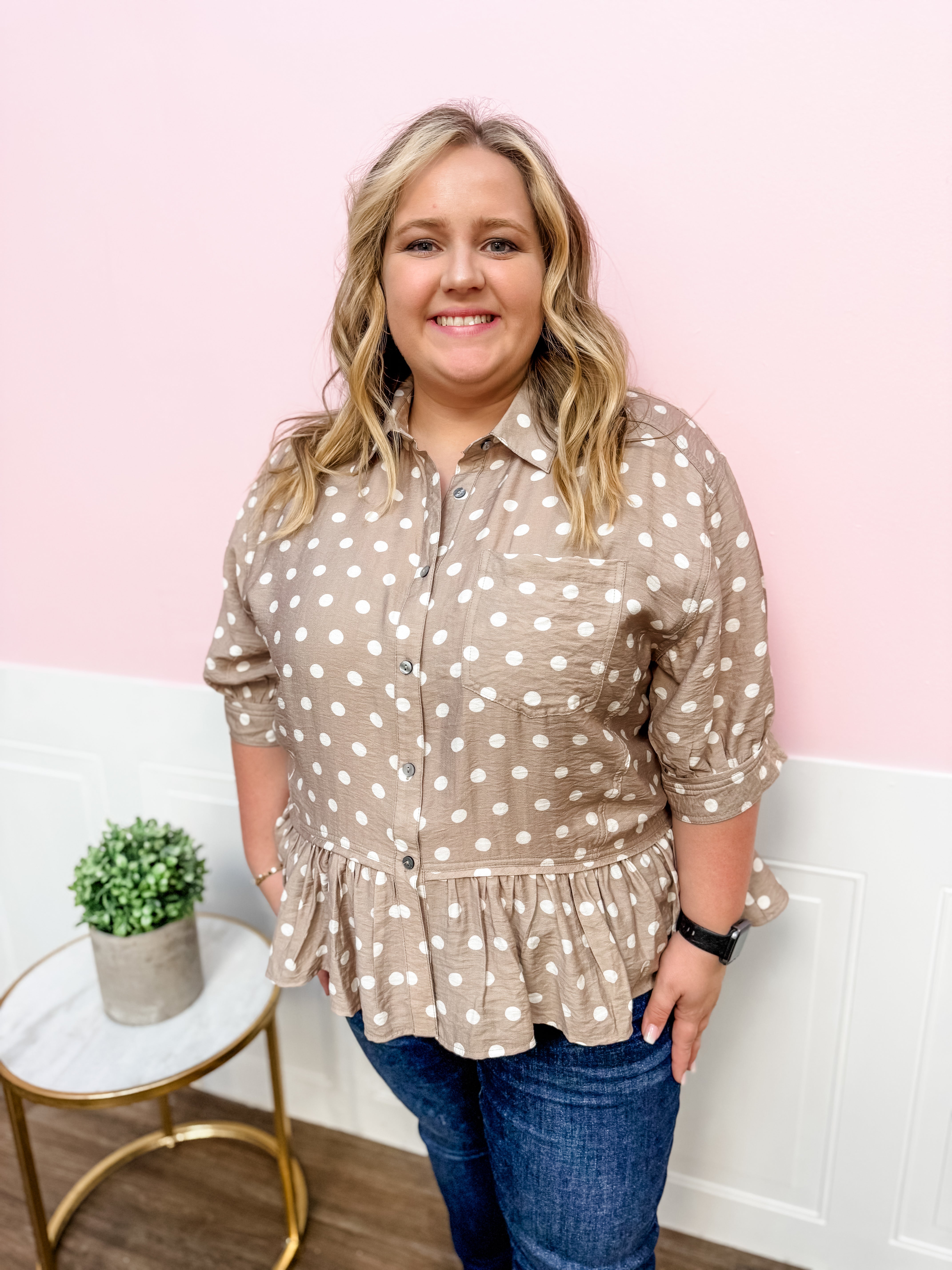 Mocha Dot Ruffle Top: Plus Size - Just a Small Town Girl