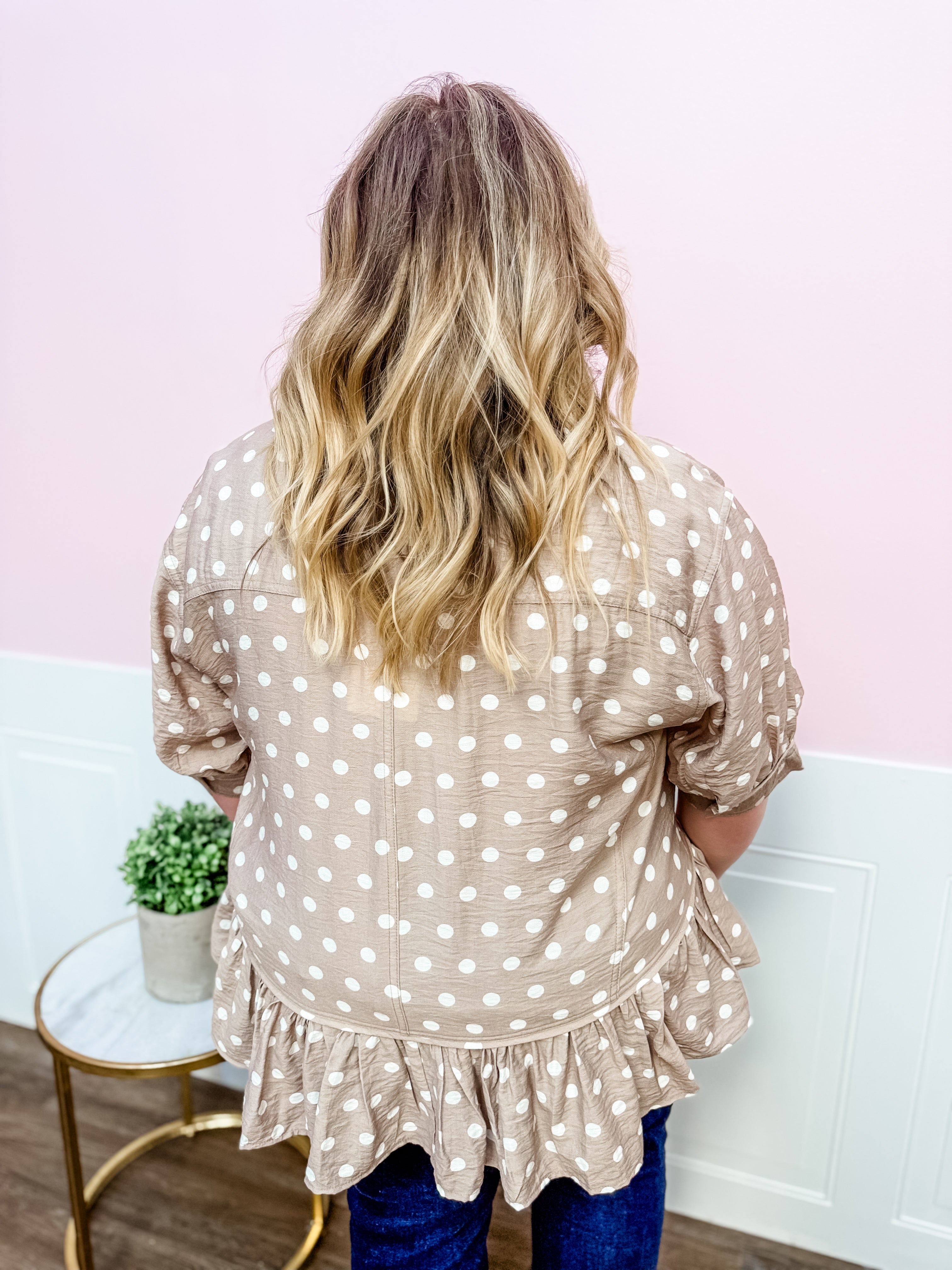 Mocha Dot Ruffle Top: Plus Size - Just a Small Town Girl