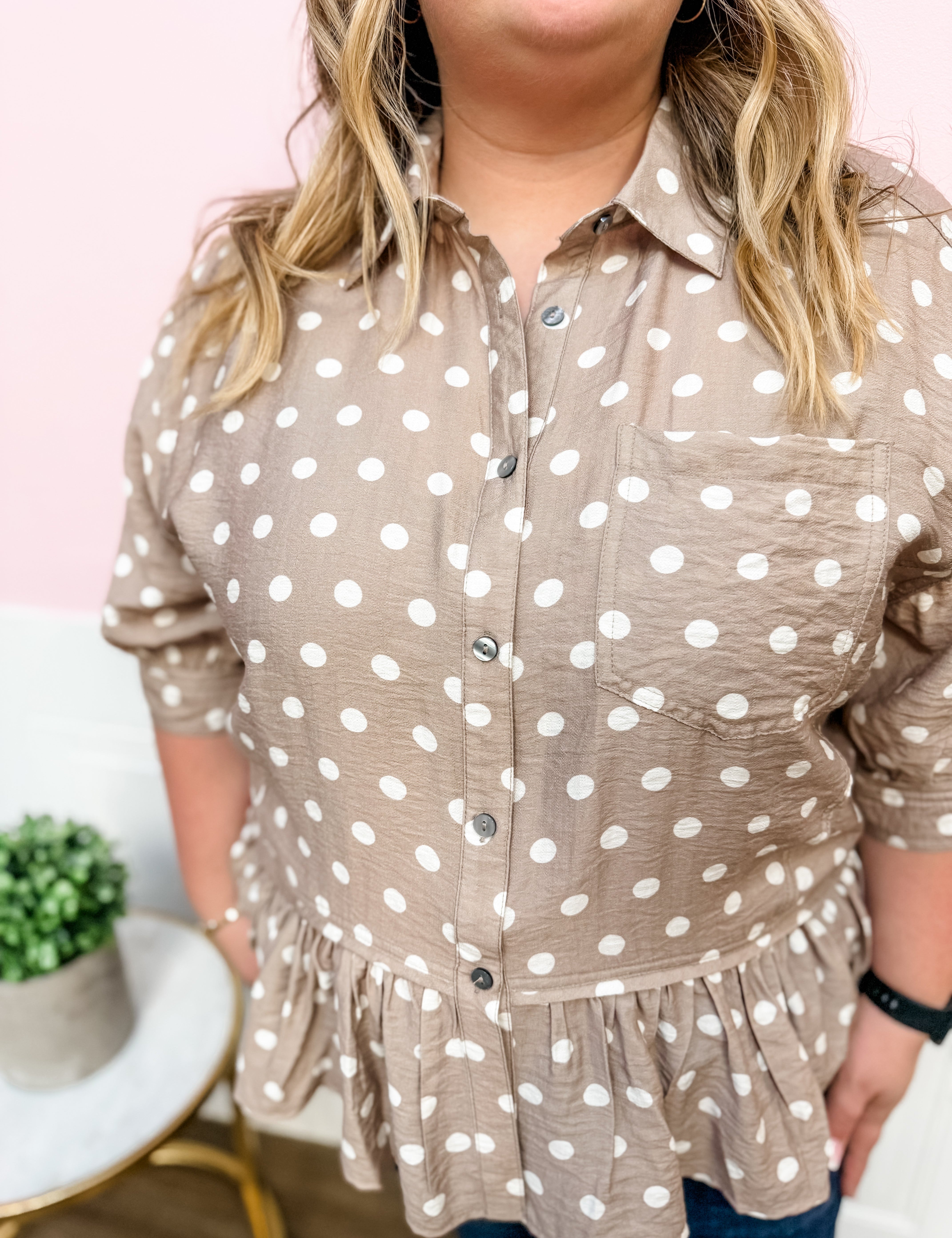 Mocha Dot Ruffle Top: Plus Size - Just a Small Town Girl