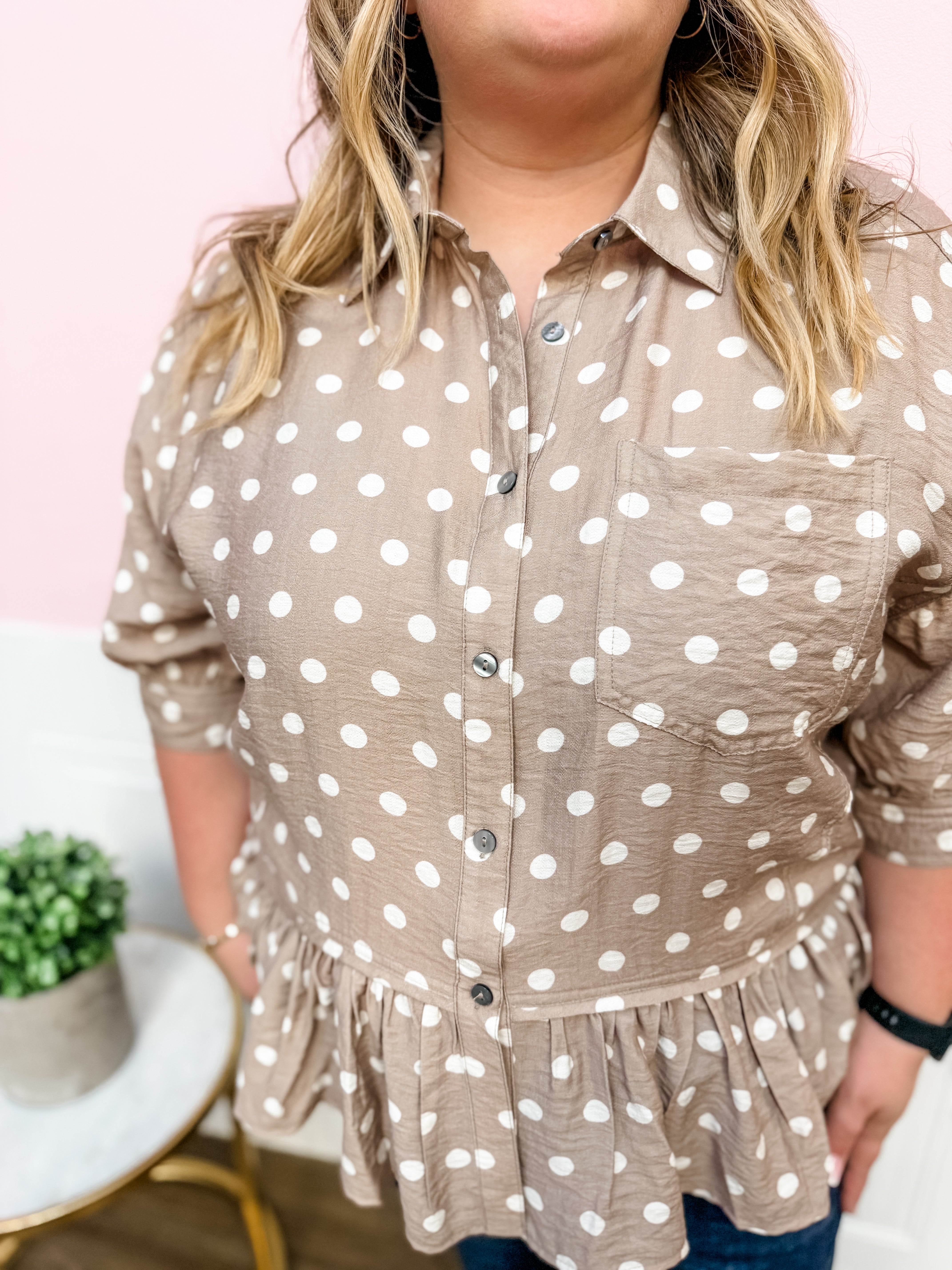 Mocha Dot Ruffle Top: Plus Size - Just a Small Town Girl