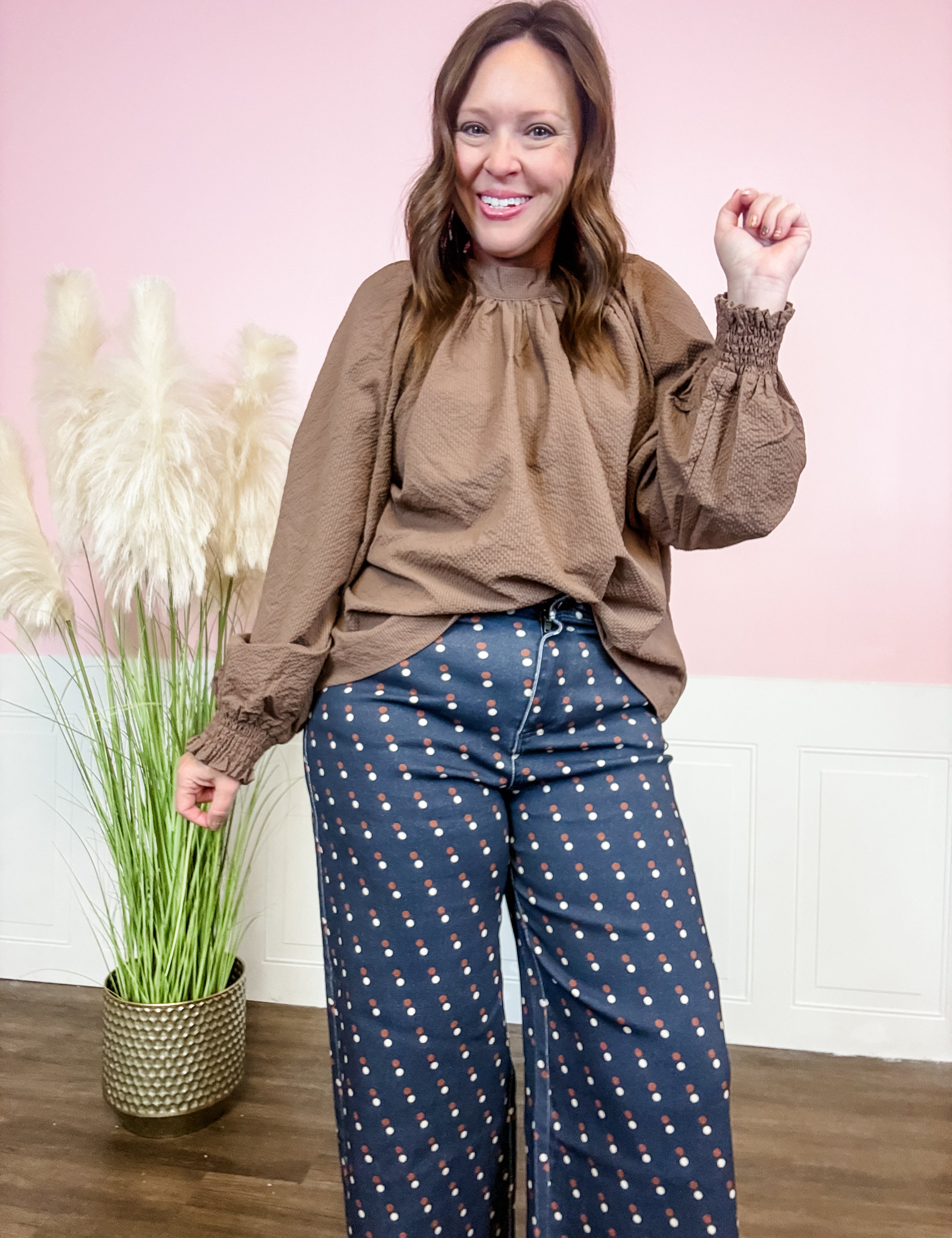 Mocha Dreams Textured Tie-Neck Blouse - Just a Small Town Girl