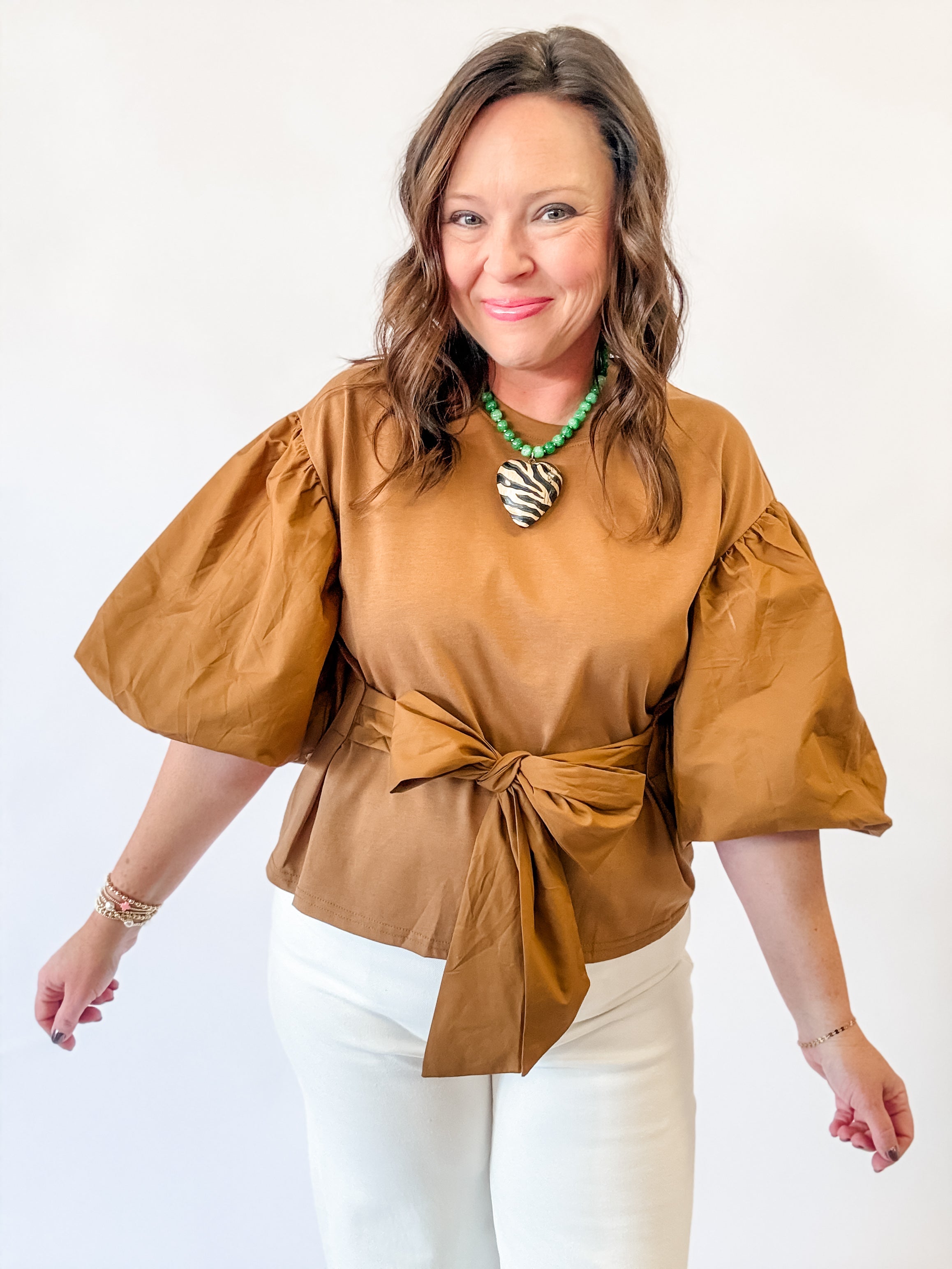 Mocha Puff Sleeve Bow Top - Just a Small Town Girl