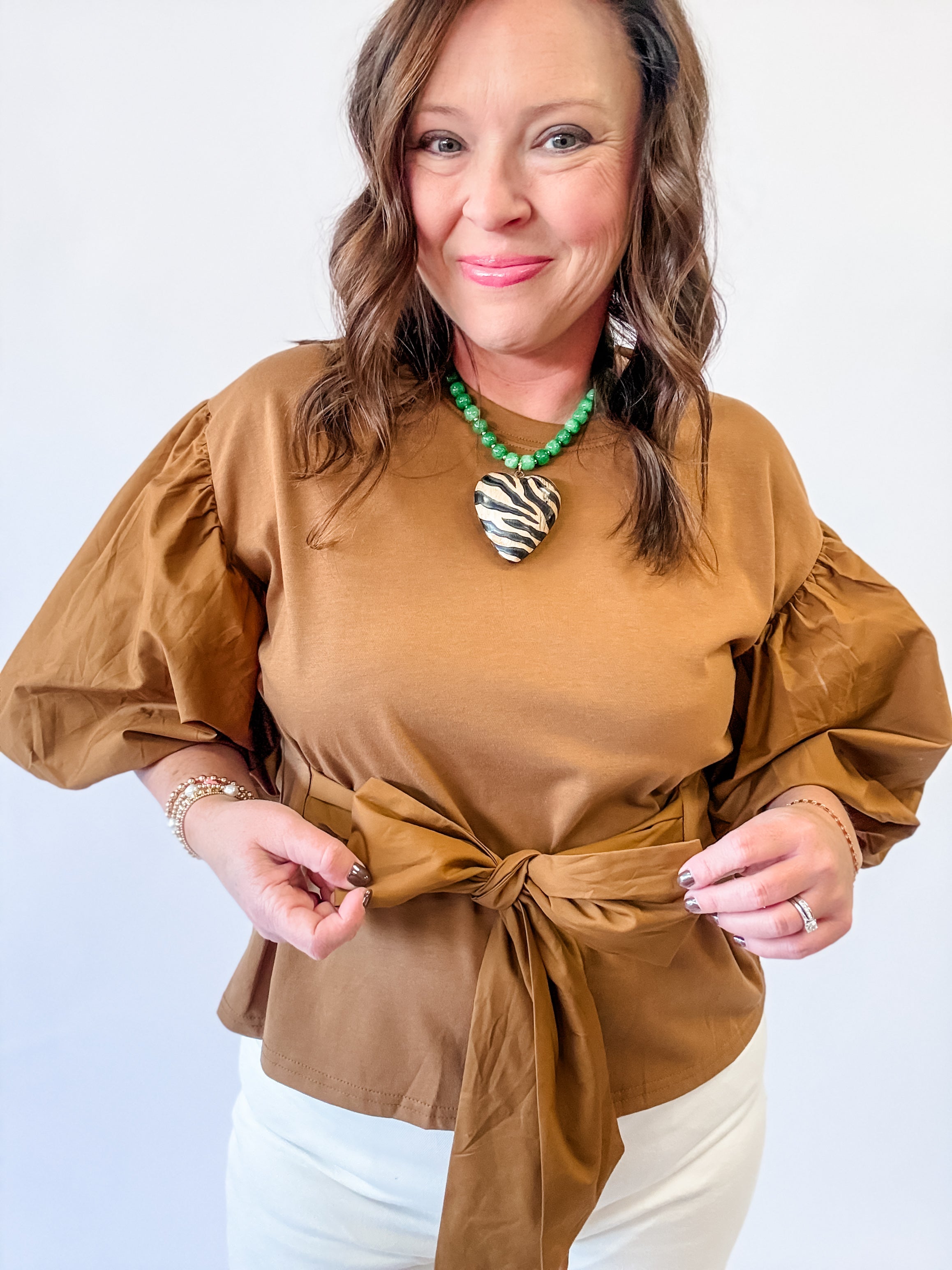 Mocha Puff Sleeve Bow Top - Just a Small Town Girl