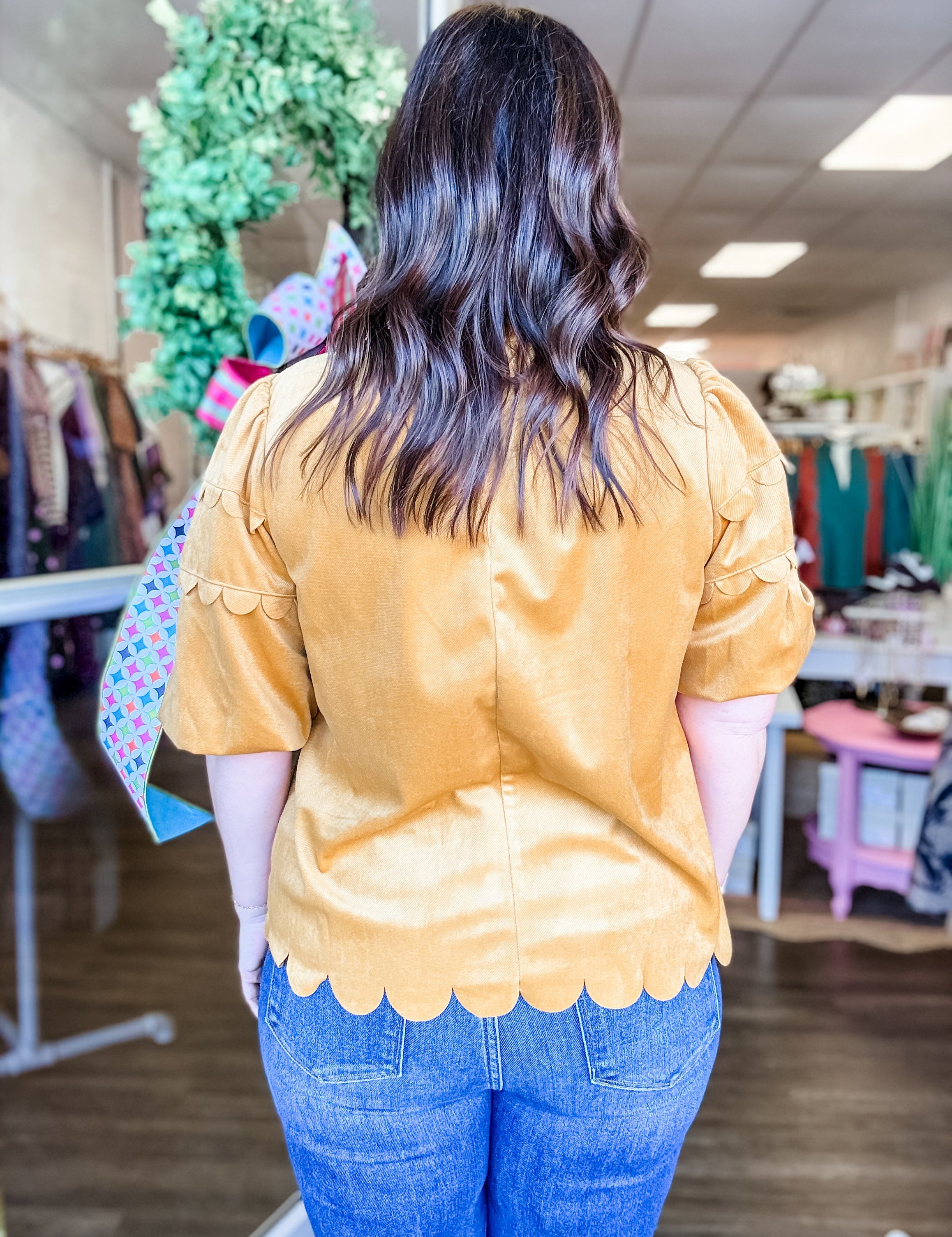 Mustard Scallop Trim Puff Sleeve Top - Just a Small Town Girl