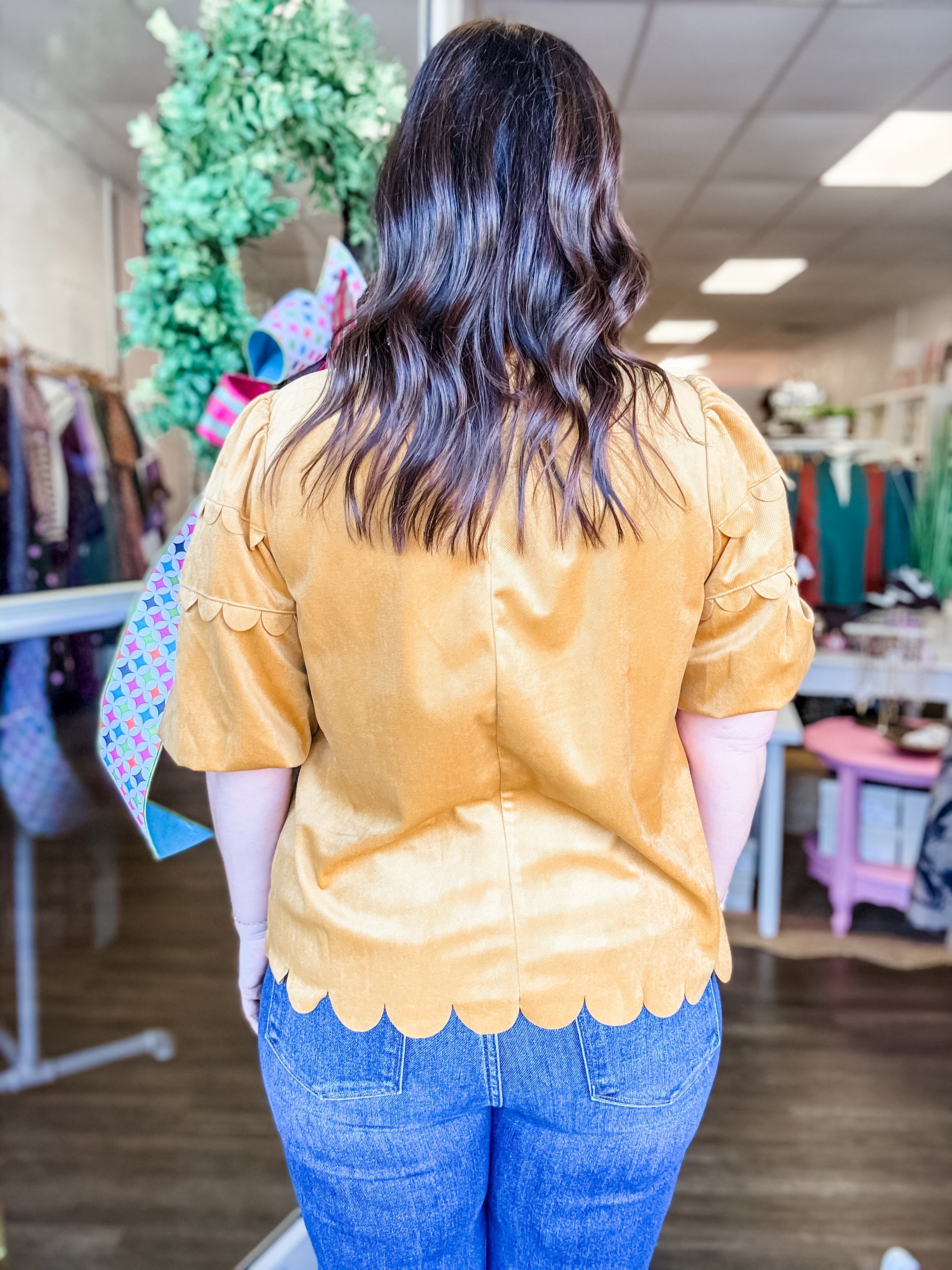 Mustard Scallop Trim Puff Sleeve Top - Just a Small Town Girl