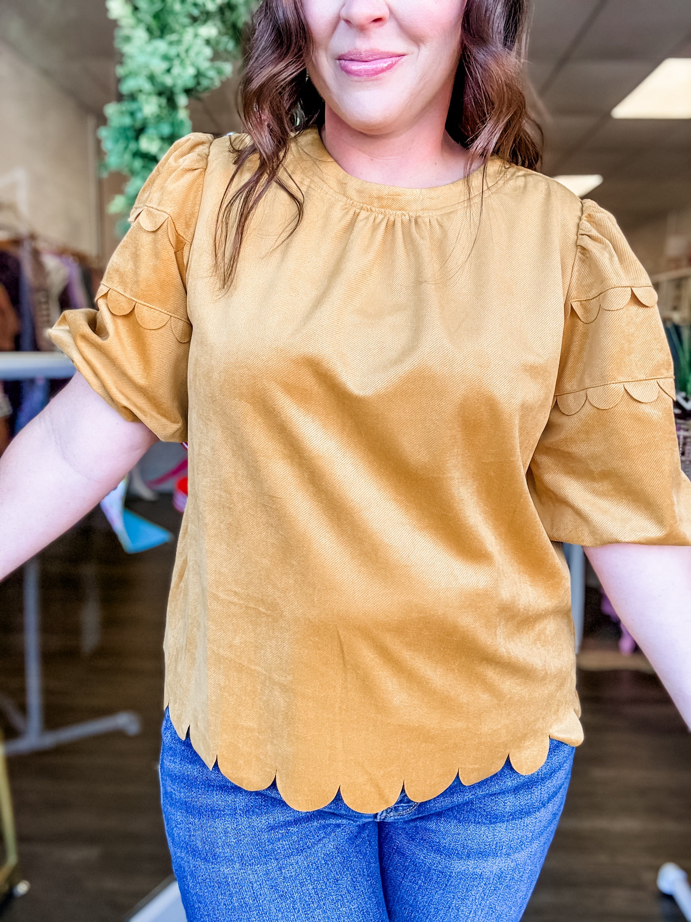Mustard Scallop Trim Puff Sleeve Top - Just a Small Town Girl