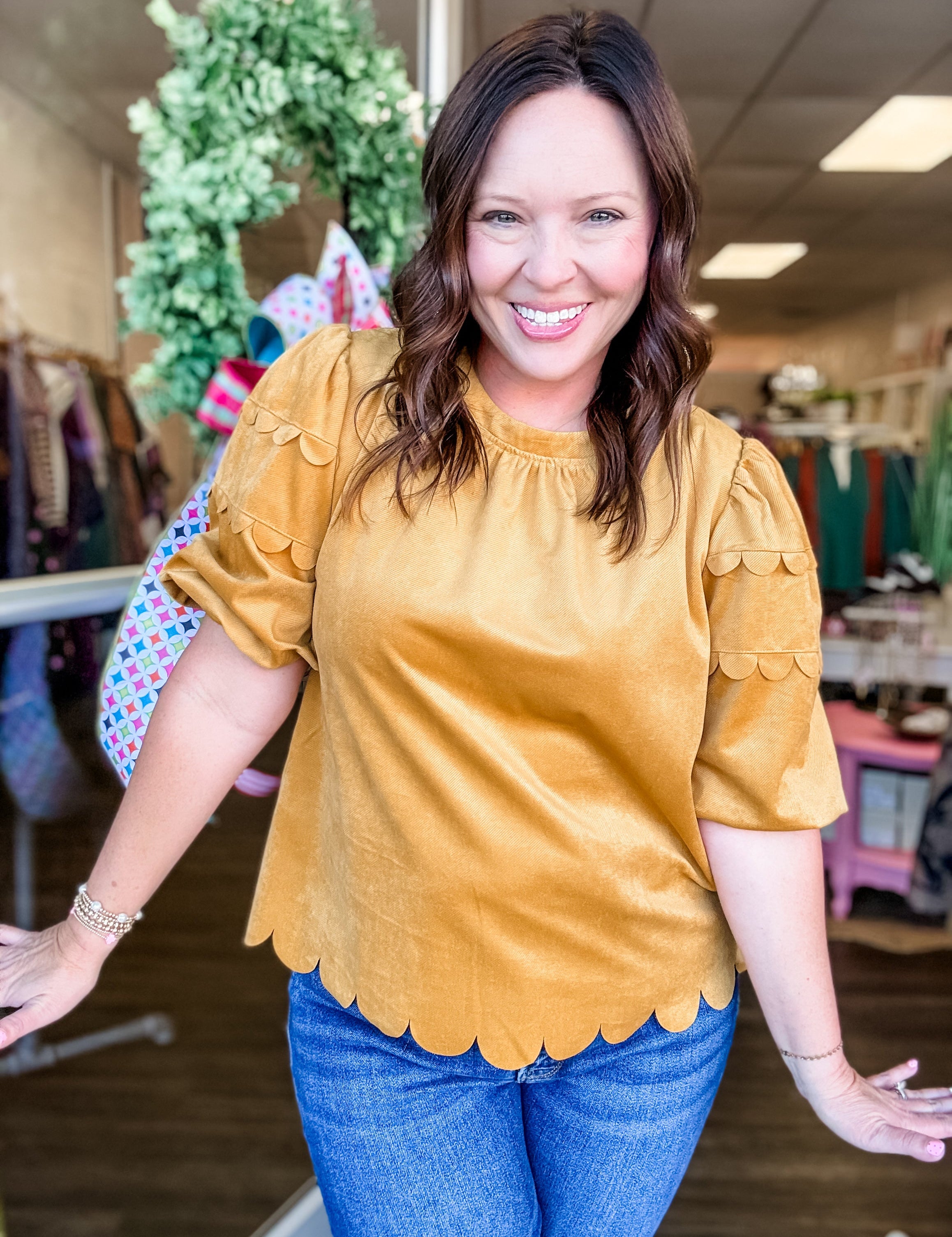 Mustard Scallop Trim Puff Sleeve Top - Just a Small Town Girl
