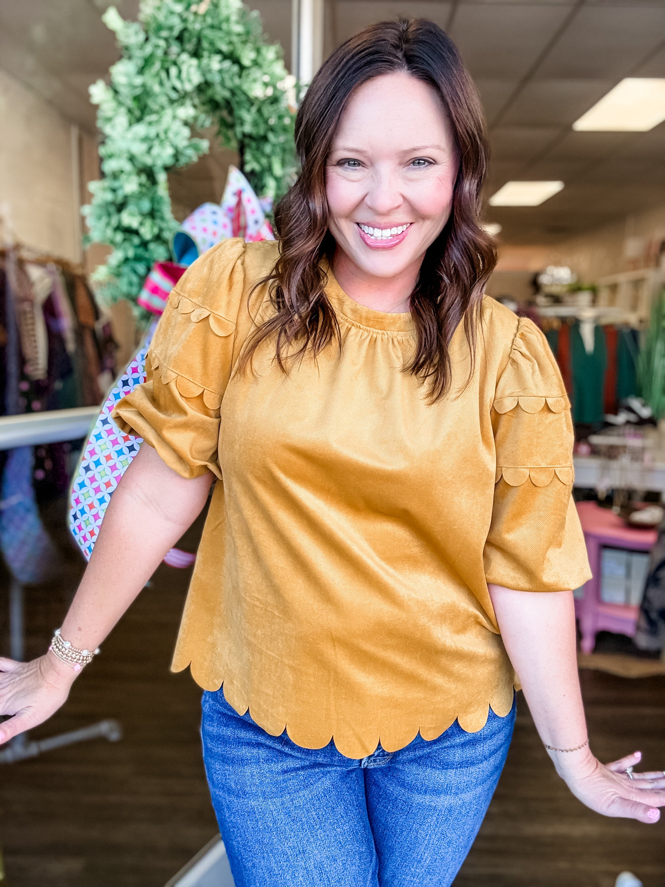 Mustard Scallop Trim Puff Sleeve Top - Just a Small Town Girl