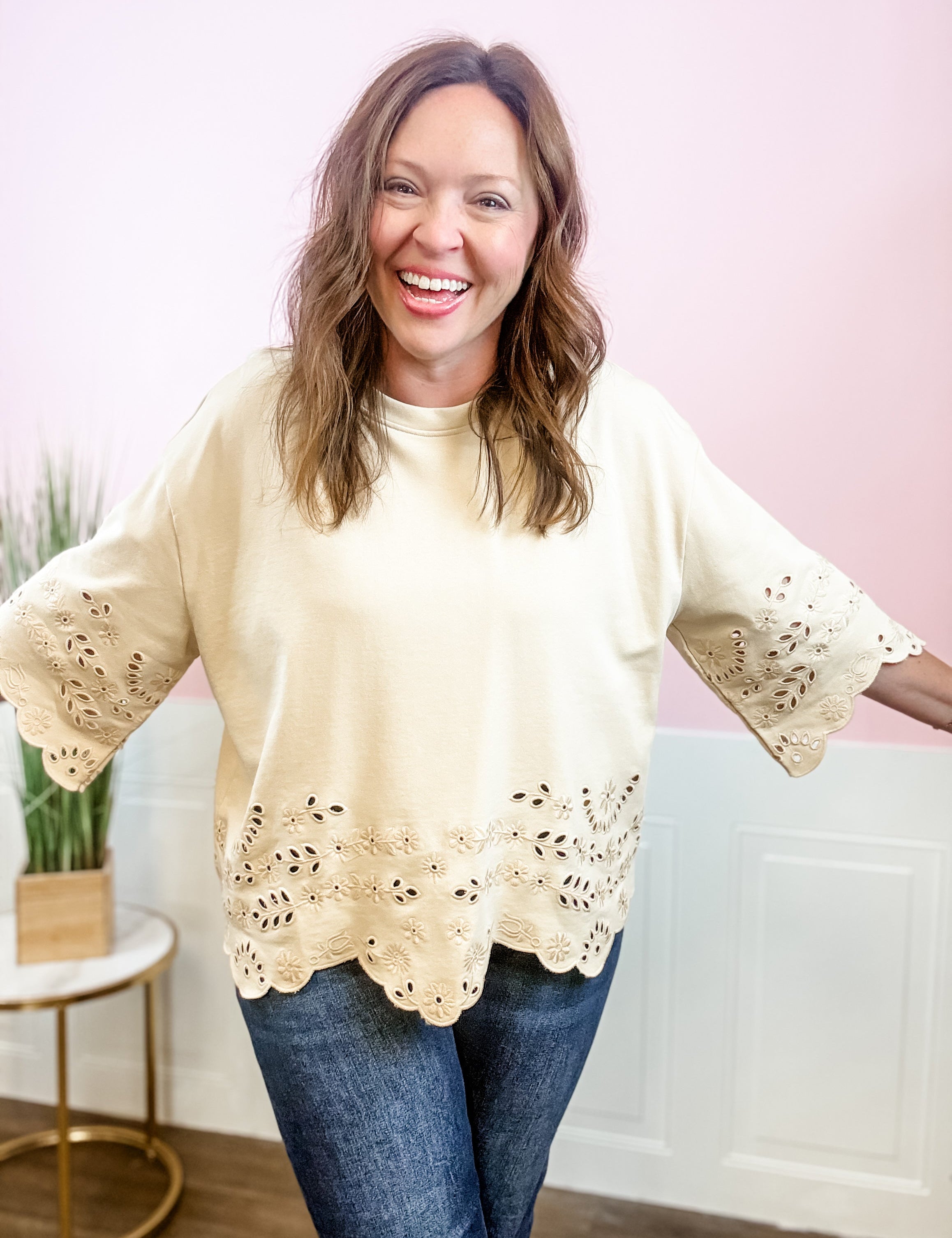 Natural Eyelet Trim Long Sleeve Top - Just a Small Town Girl