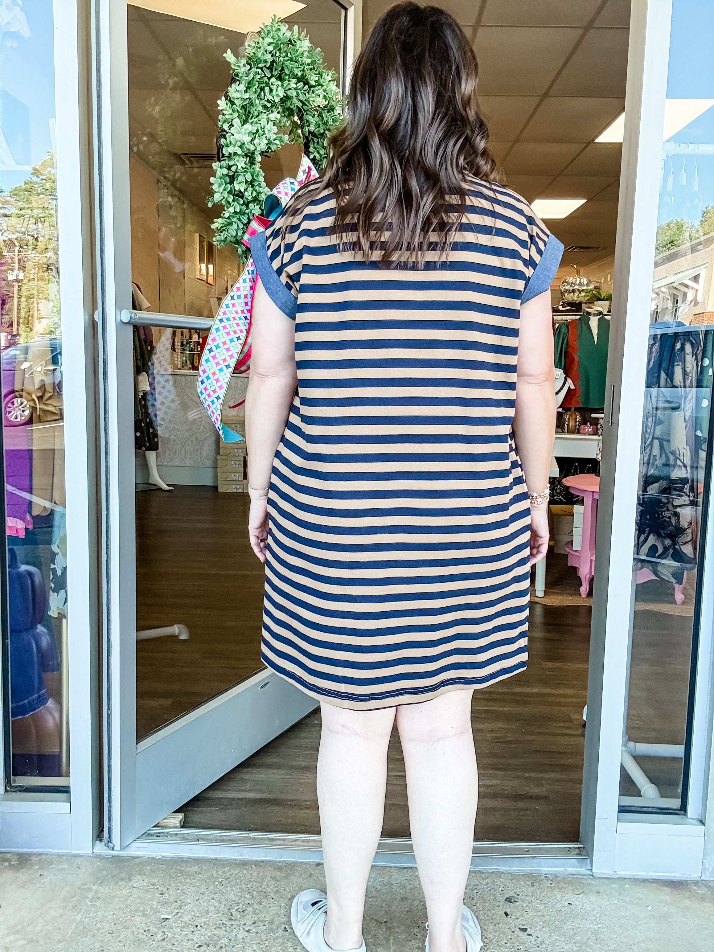 Navy and Camel Striped Polo Dress with Chambray Trim - Just a Small Town Girl