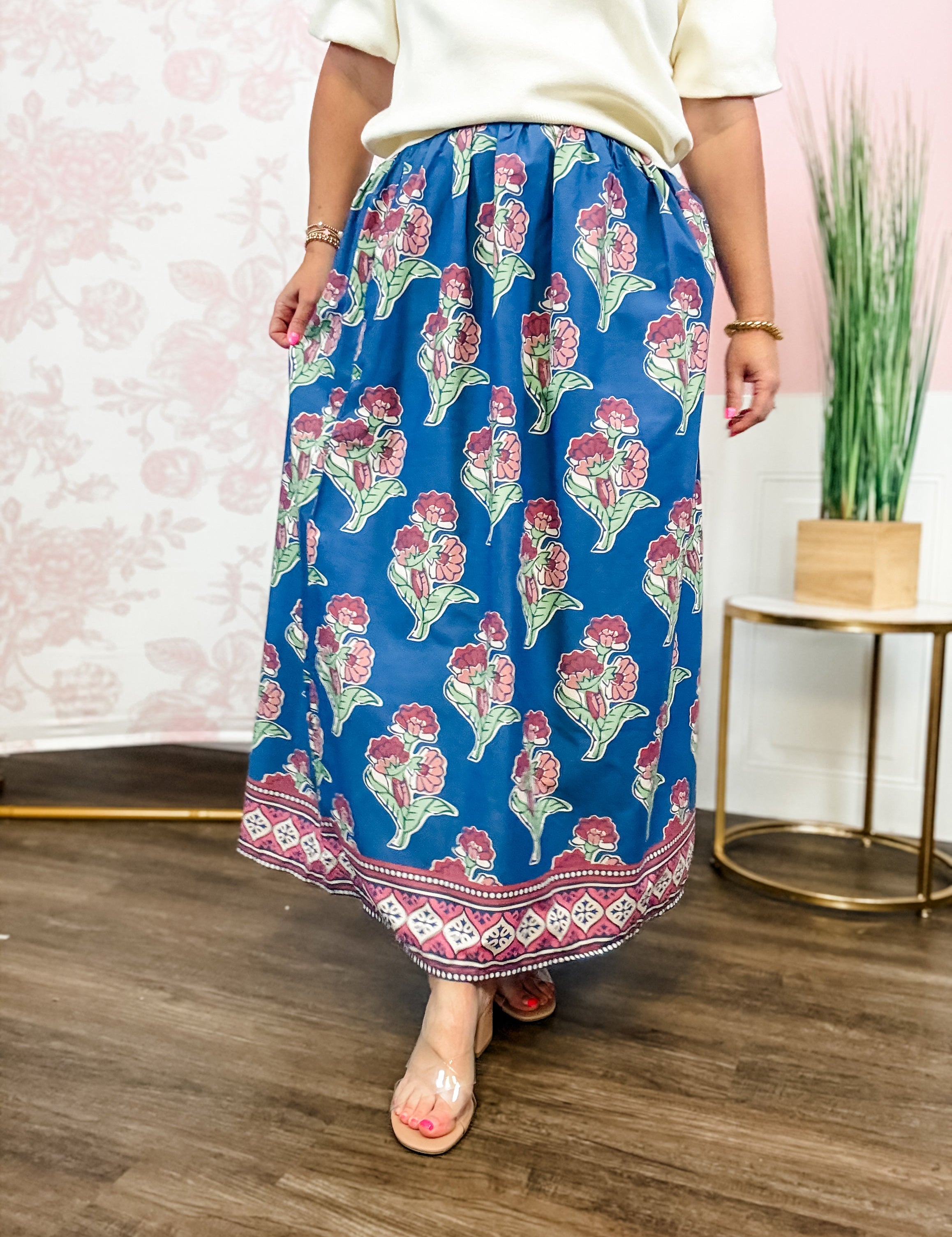 Navy Blossom Border Skirt - Just a Small Town Girl