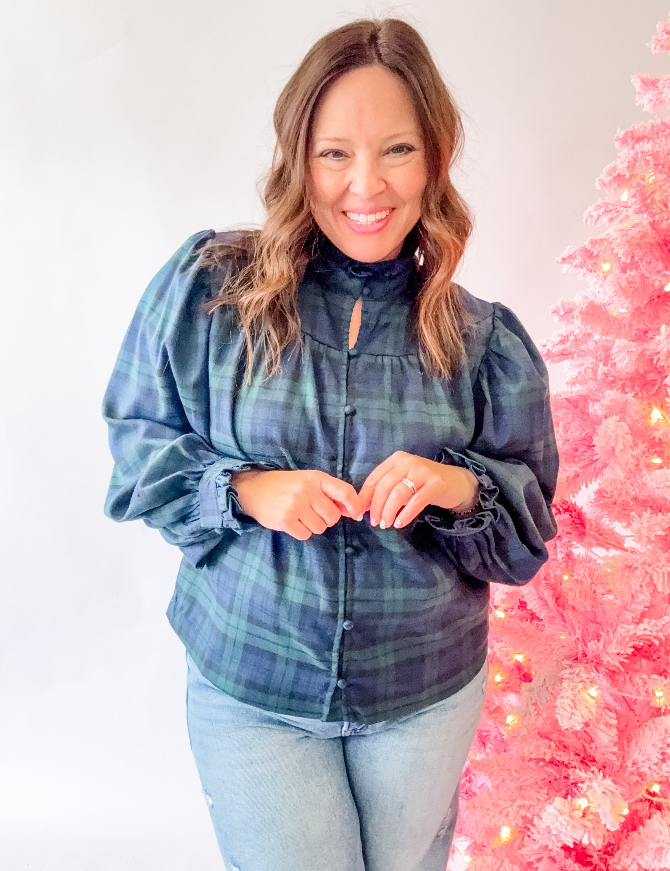 Navy Green Plaid Ruffle Neck Balloon Sleeve Blouse - Just a Small Town Girl