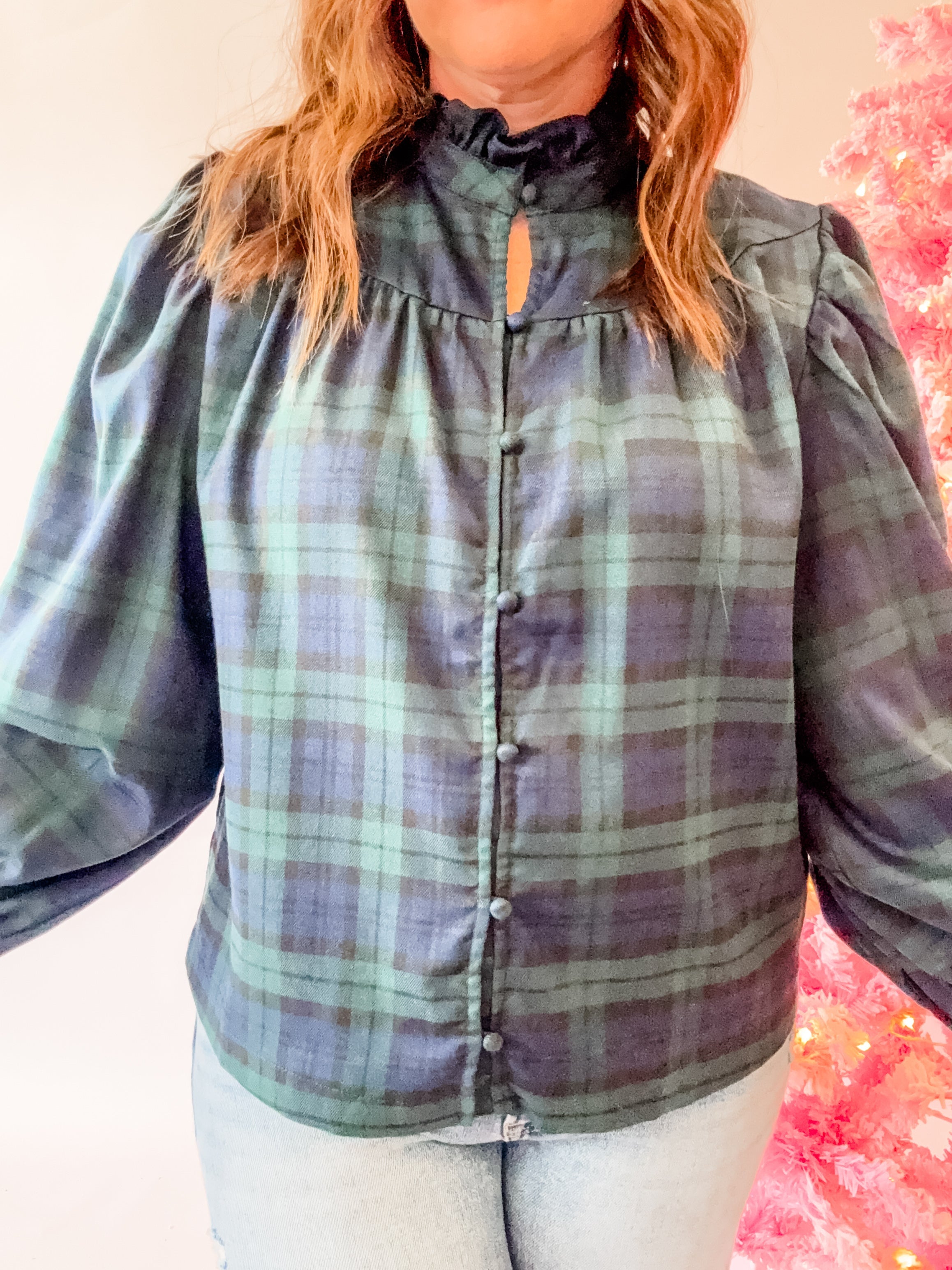 Navy Green Plaid Ruffle Neck Balloon Sleeve Blouse - Just a Small Town Girl