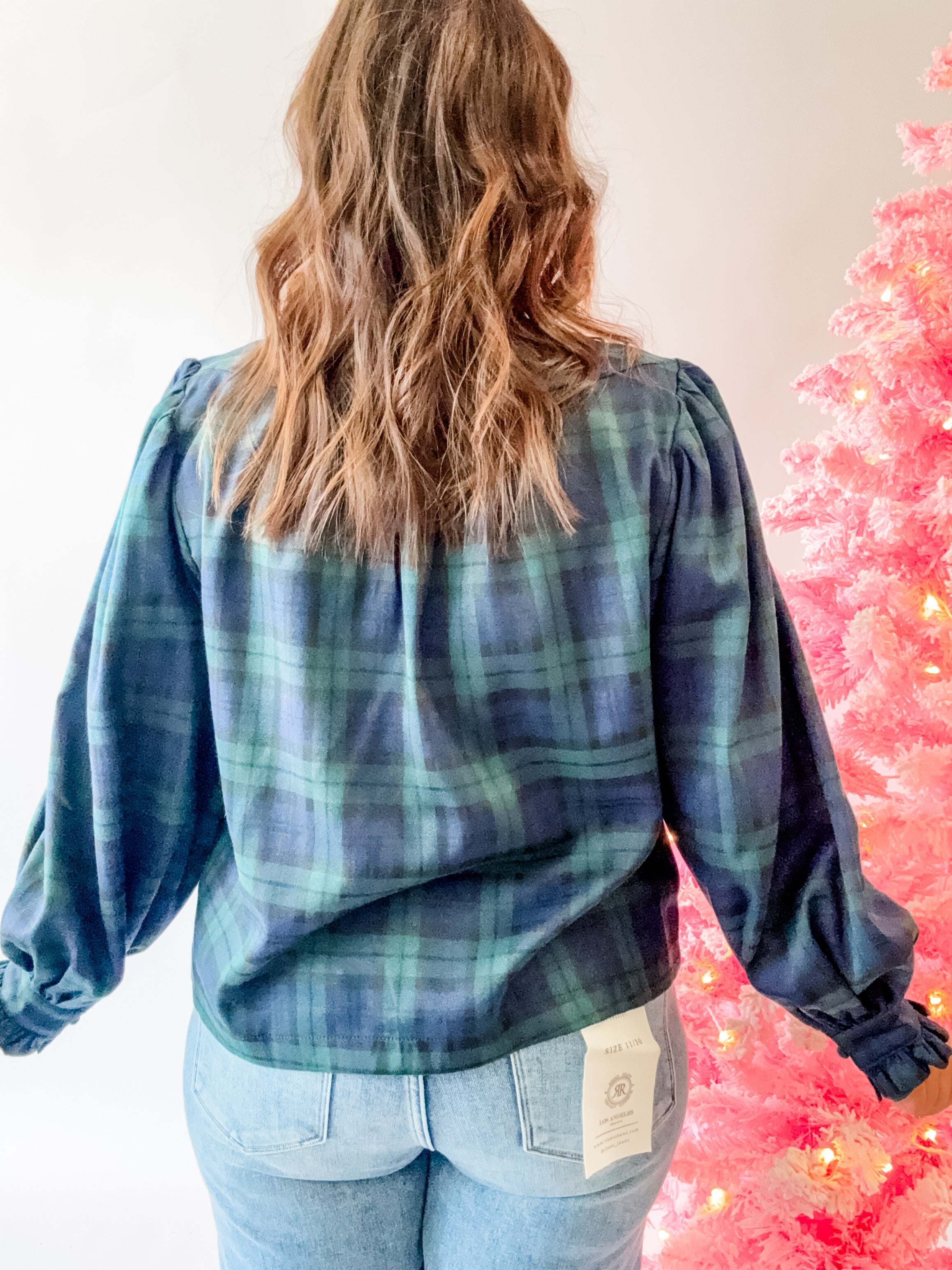 Navy Green Plaid Ruffle Neck Balloon Sleeve Blouse - Just a Small Town Girl
