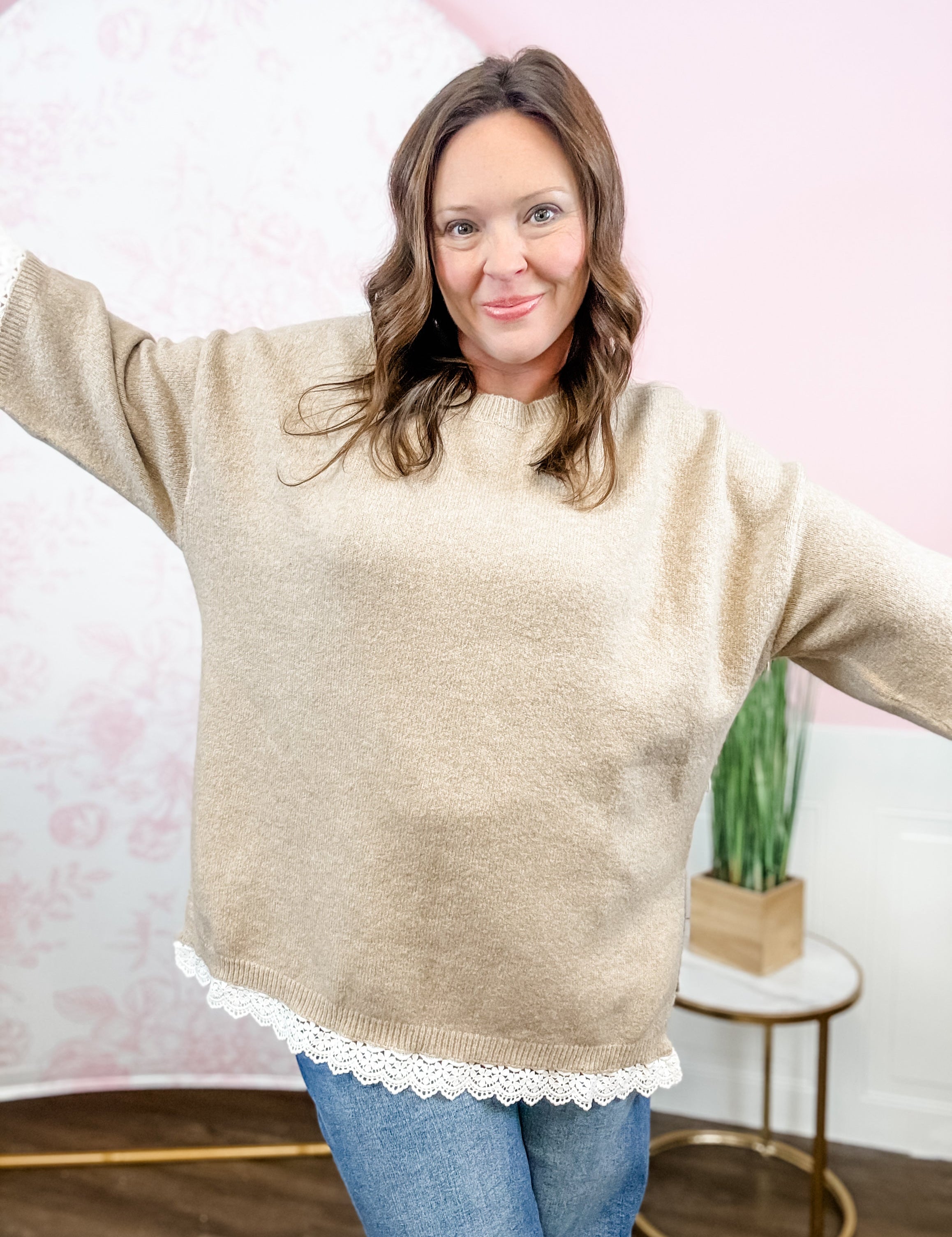 Oatmeal Lace Trim Sweater - Just a Small Town Girl