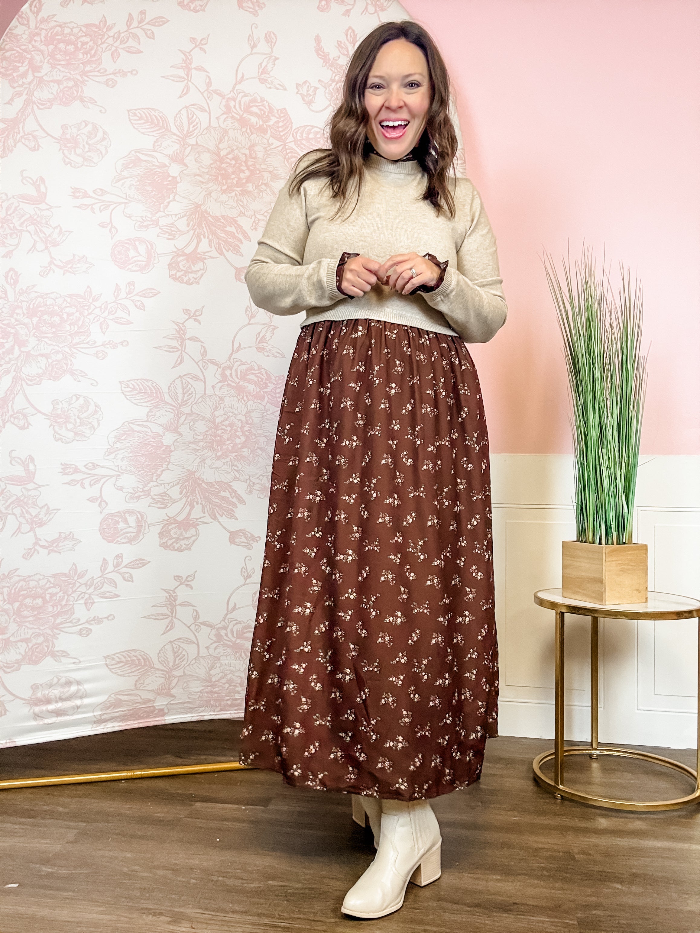 Oatmeal Sweater-Top Floral Skirt Dress - Just a Small Town Girl