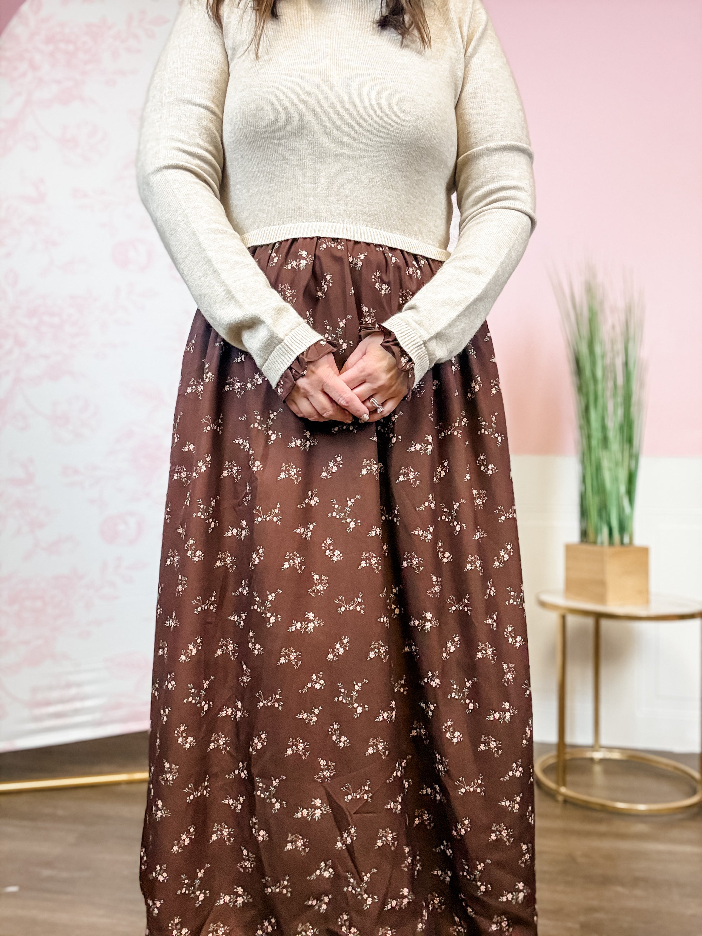 Oatmeal Sweater-Top Floral Skirt Dress - Just a Small Town Girl