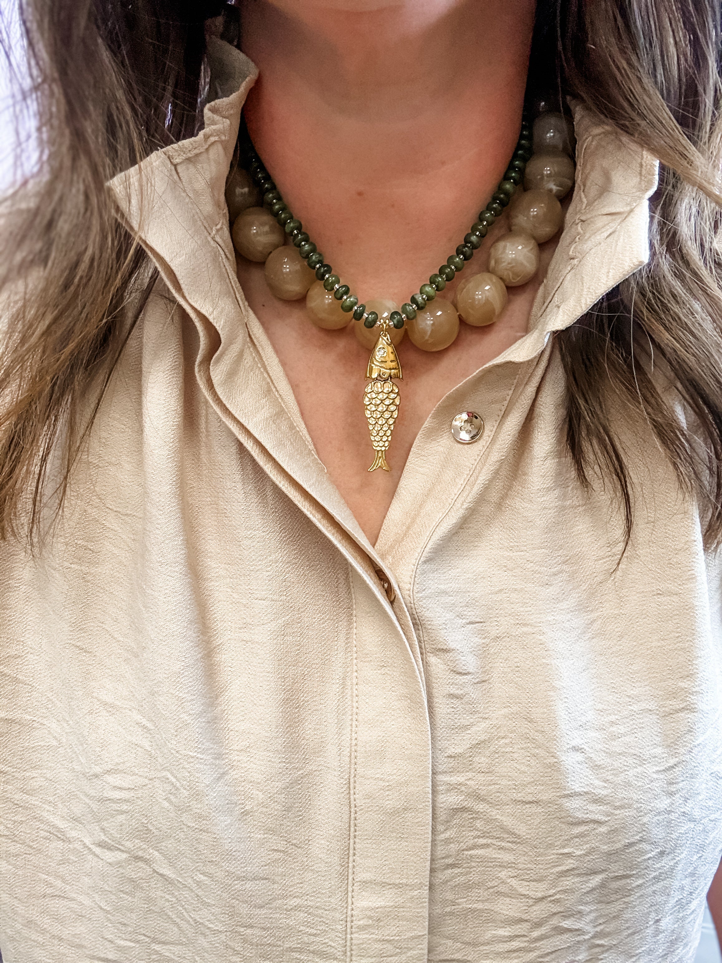 Olive Bead Gold Fish Charm Necklace - Just a Small Town Girl