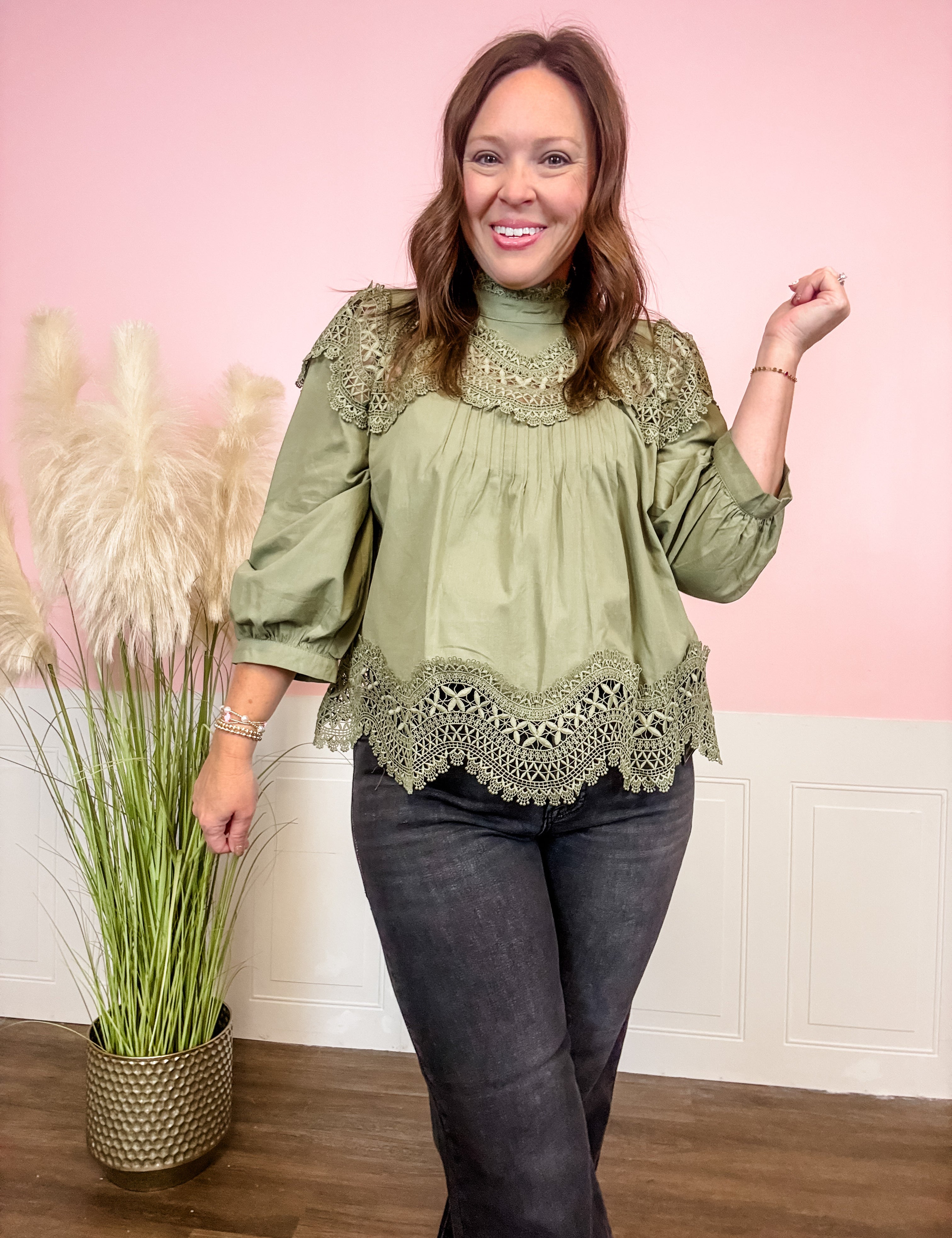 Olive Crochet Lace Long Sleeve Top - Just a Small Town Girl