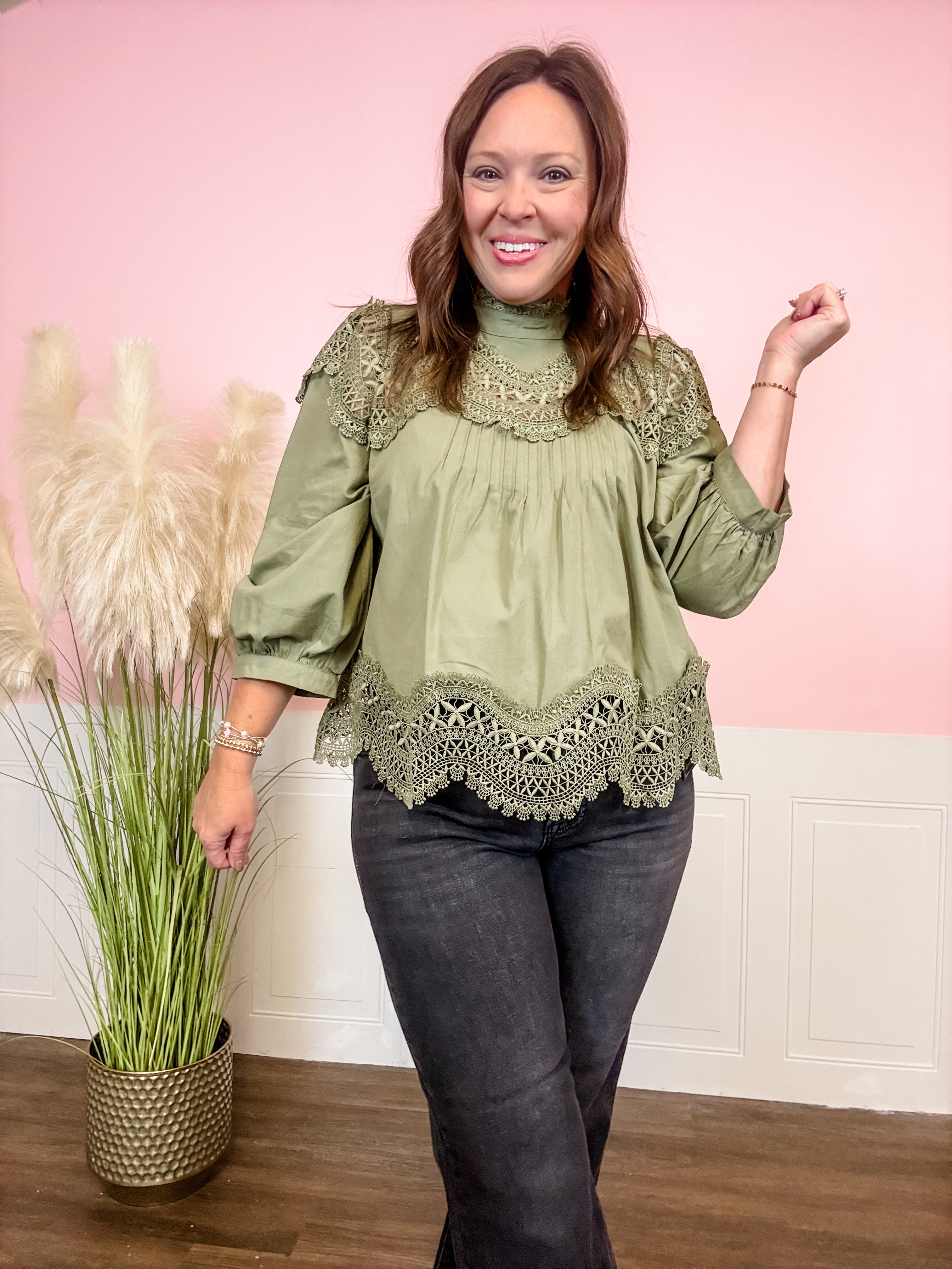 Olive Crochet Lace Long Sleeve Top - Just a Small Town Girl