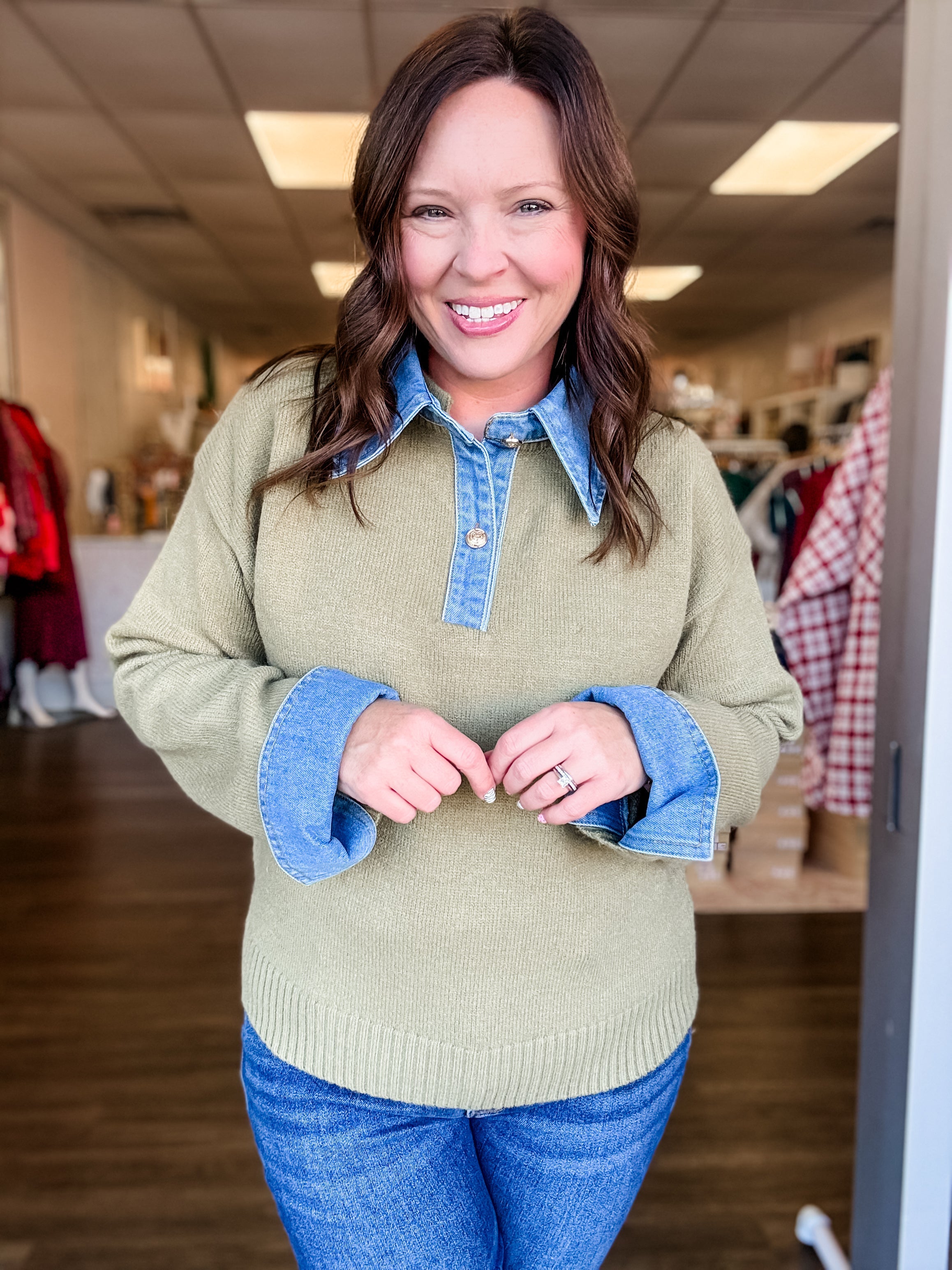 Olive Denim Collar Knit Sweater - Just a Small Town Girl