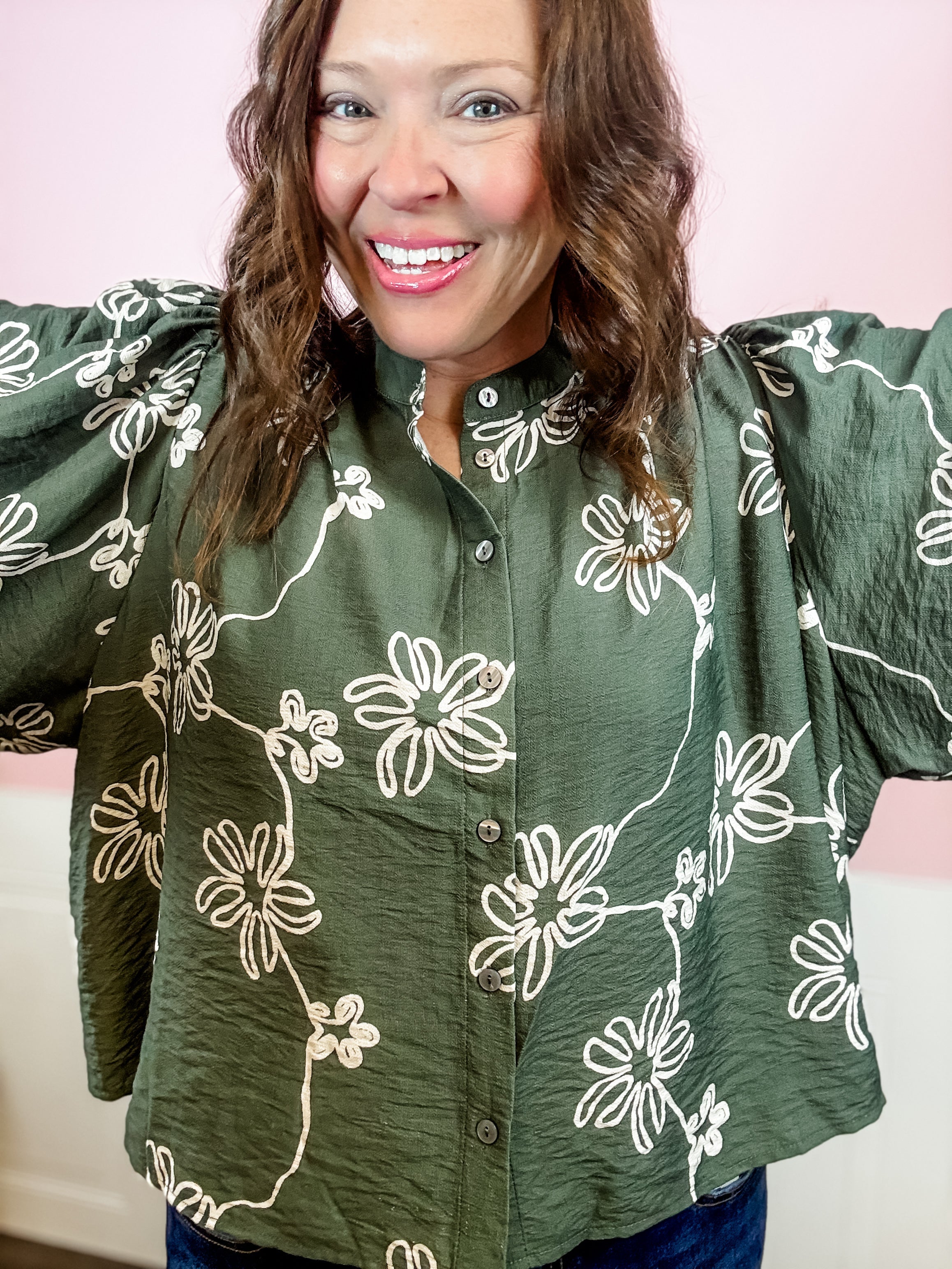 Olive Floral Button-Up Top - Just a Small Town Girl