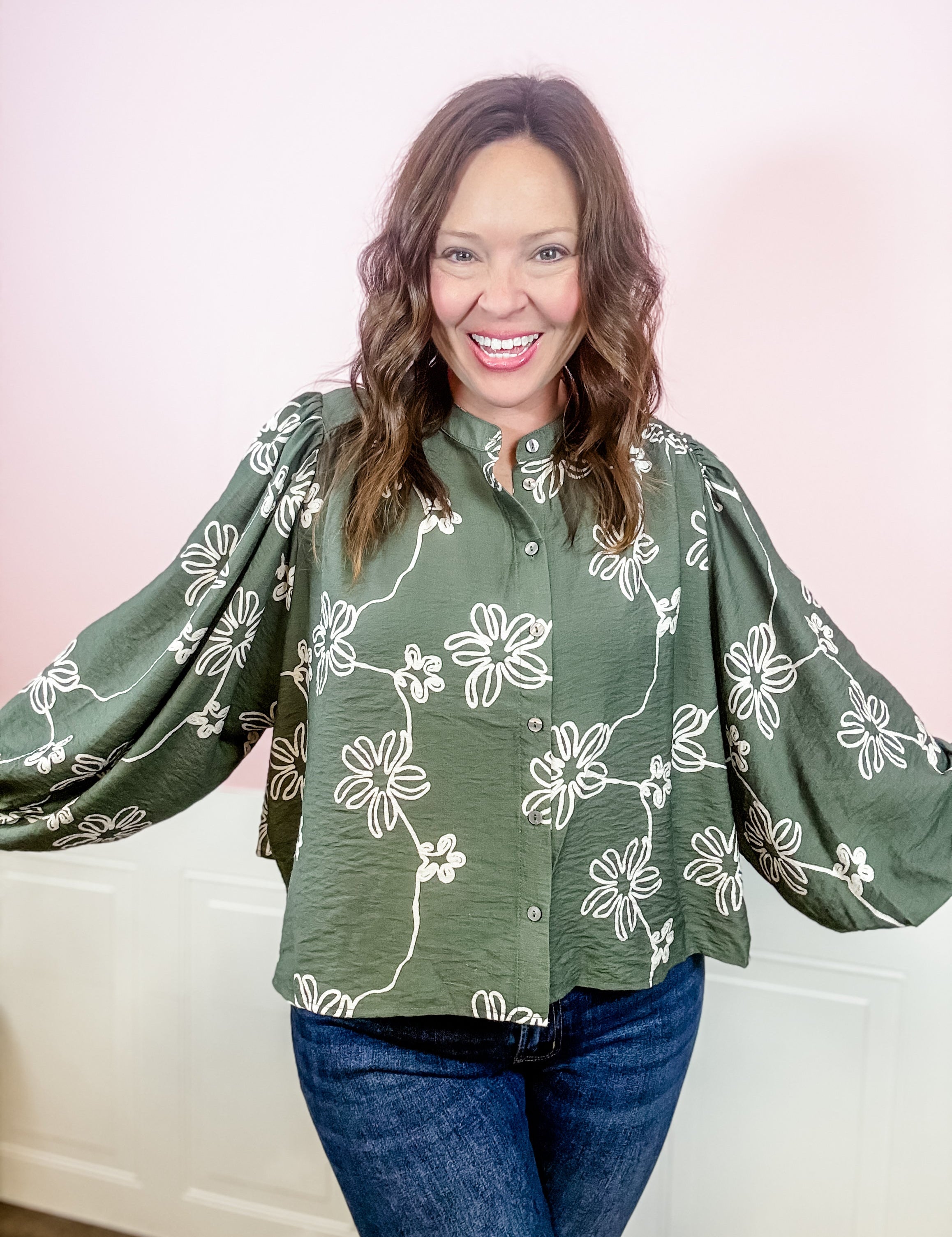 Olive Floral Button-Up Top - Just a Small Town Girl