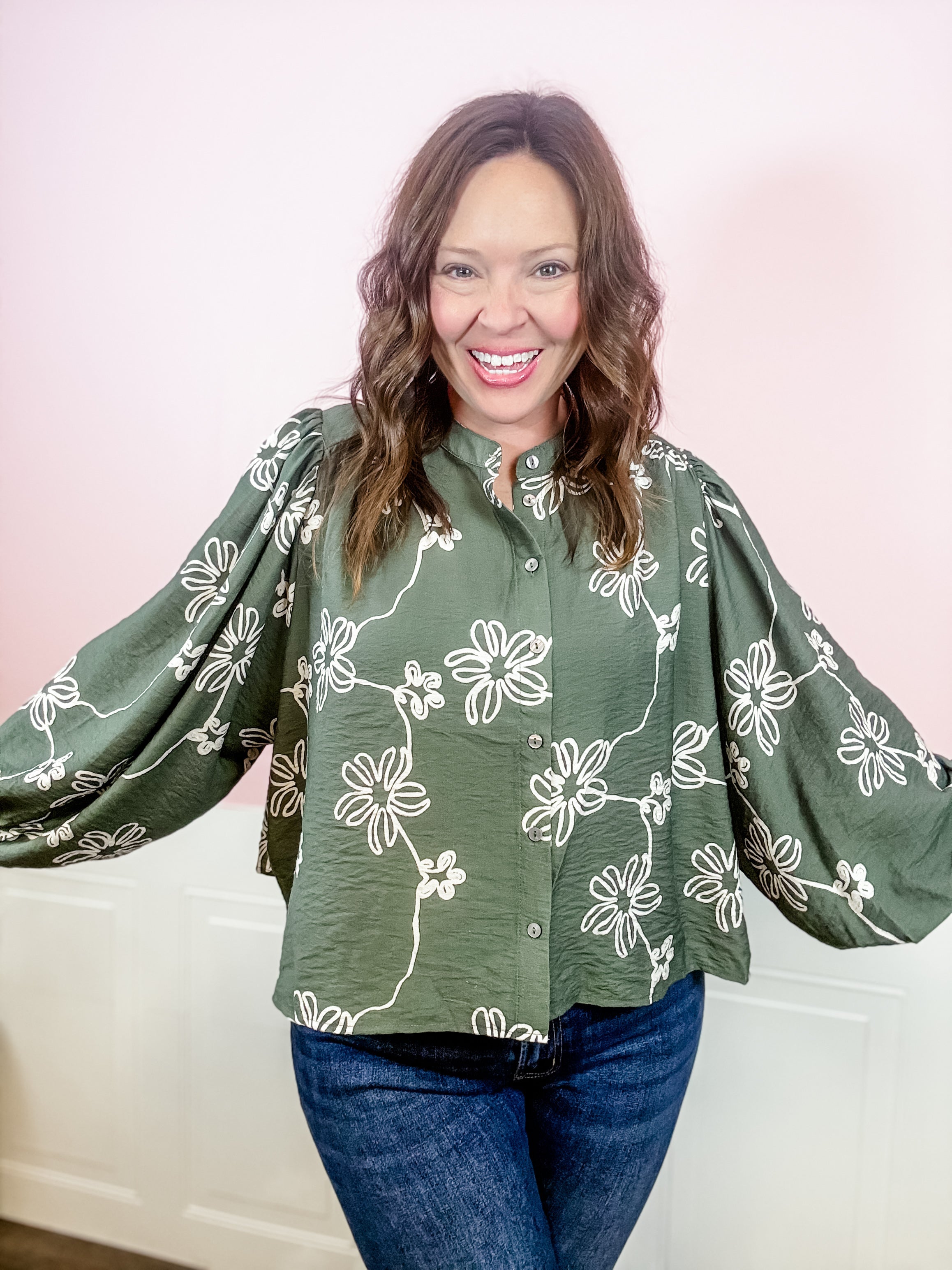 Olive Floral Button-Up Top - Just a Small Town Girl