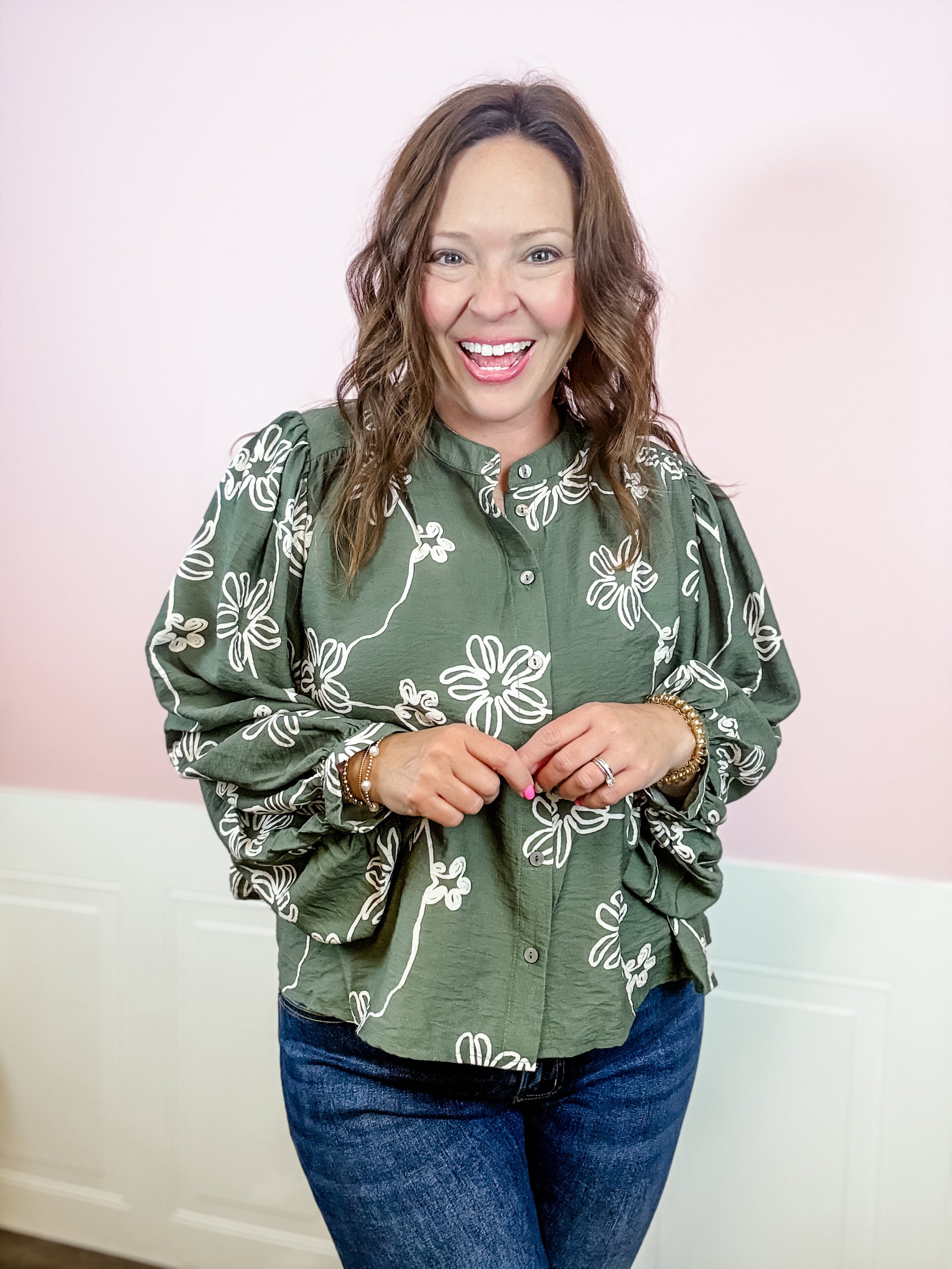 Olive Floral Button-Up Top - Just a Small Town Girl