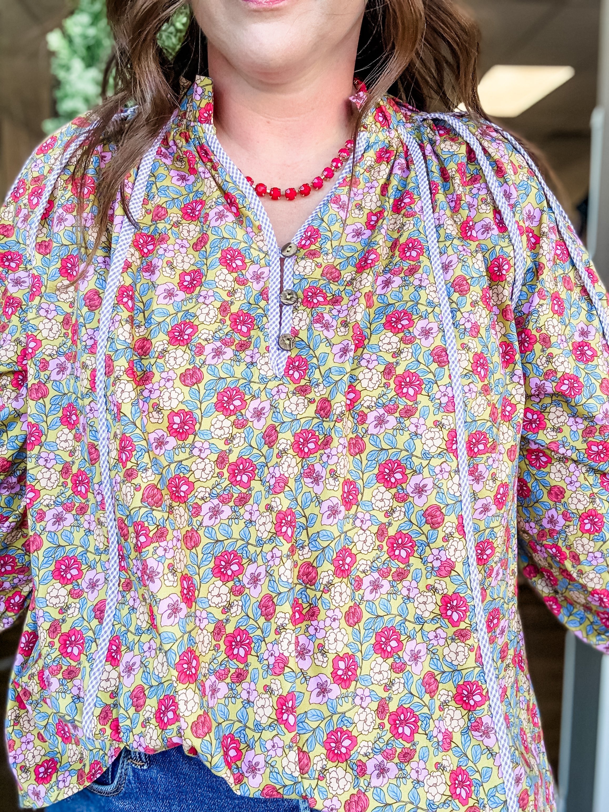 Olive Floral Gingham Trim Peasant Top - Just a Small Town Girl