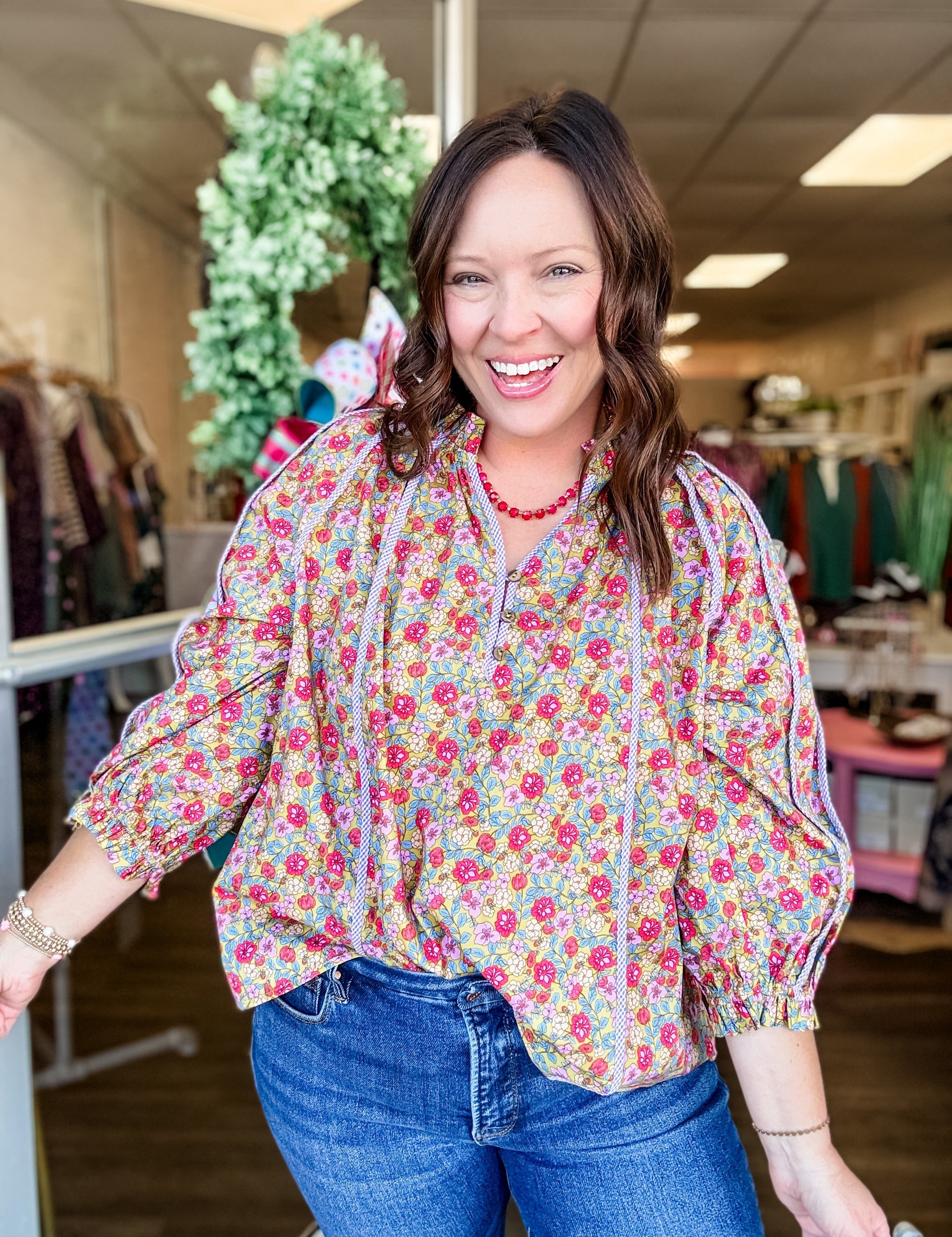 Olive Floral Gingham Trim Peasant Top - Just a Small Town Girl