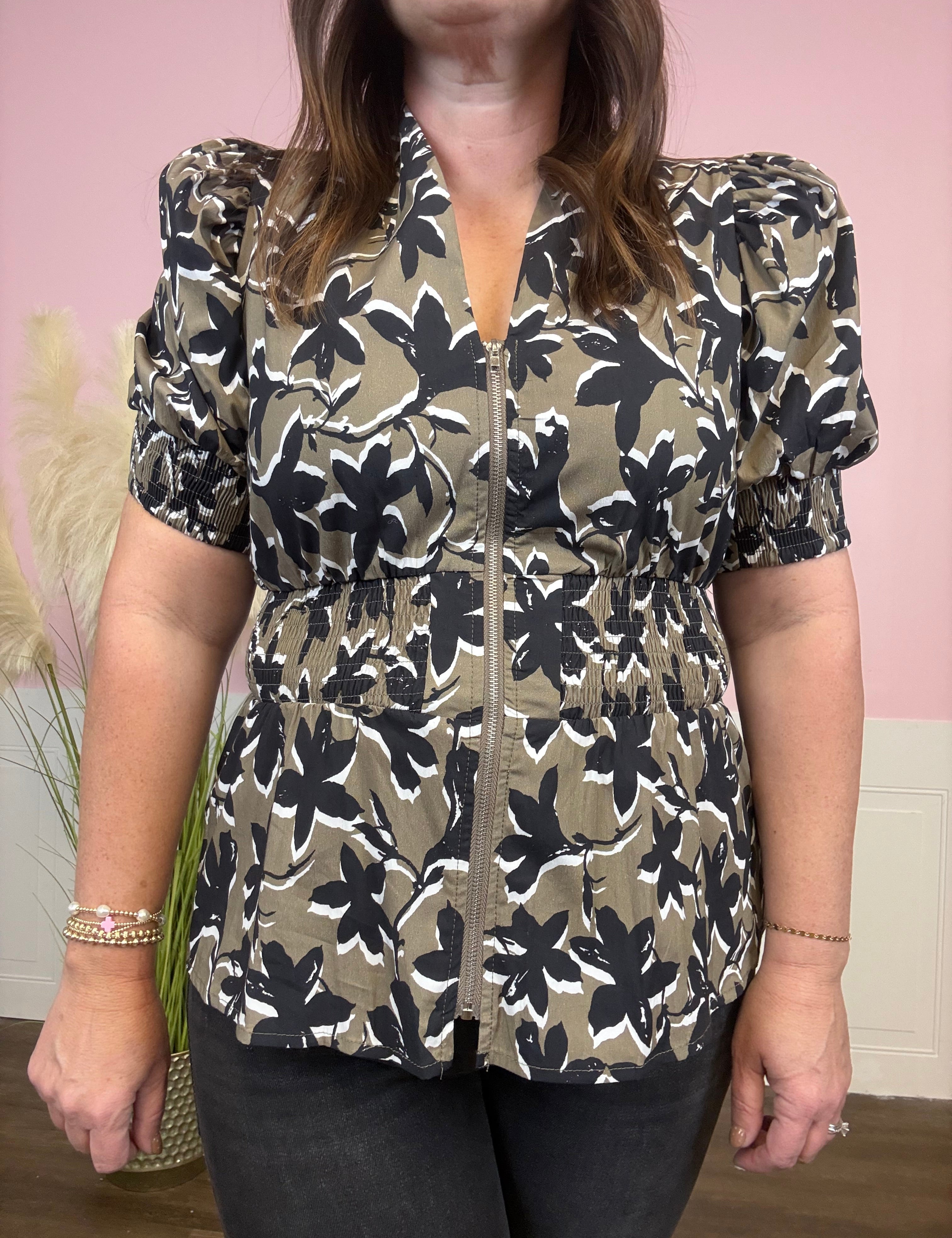 Olive Floral Zip-Up Peplum Top - Just a Small Town Girl