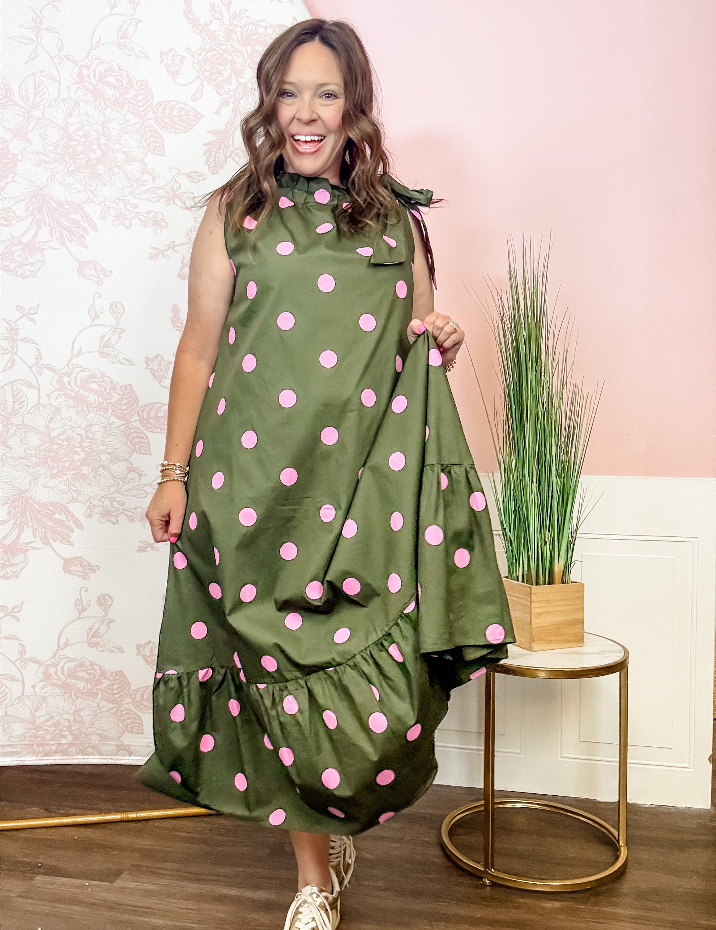 Olive Polka Dot Tie Shoulder Swing Dress - Just a Small Town Girl