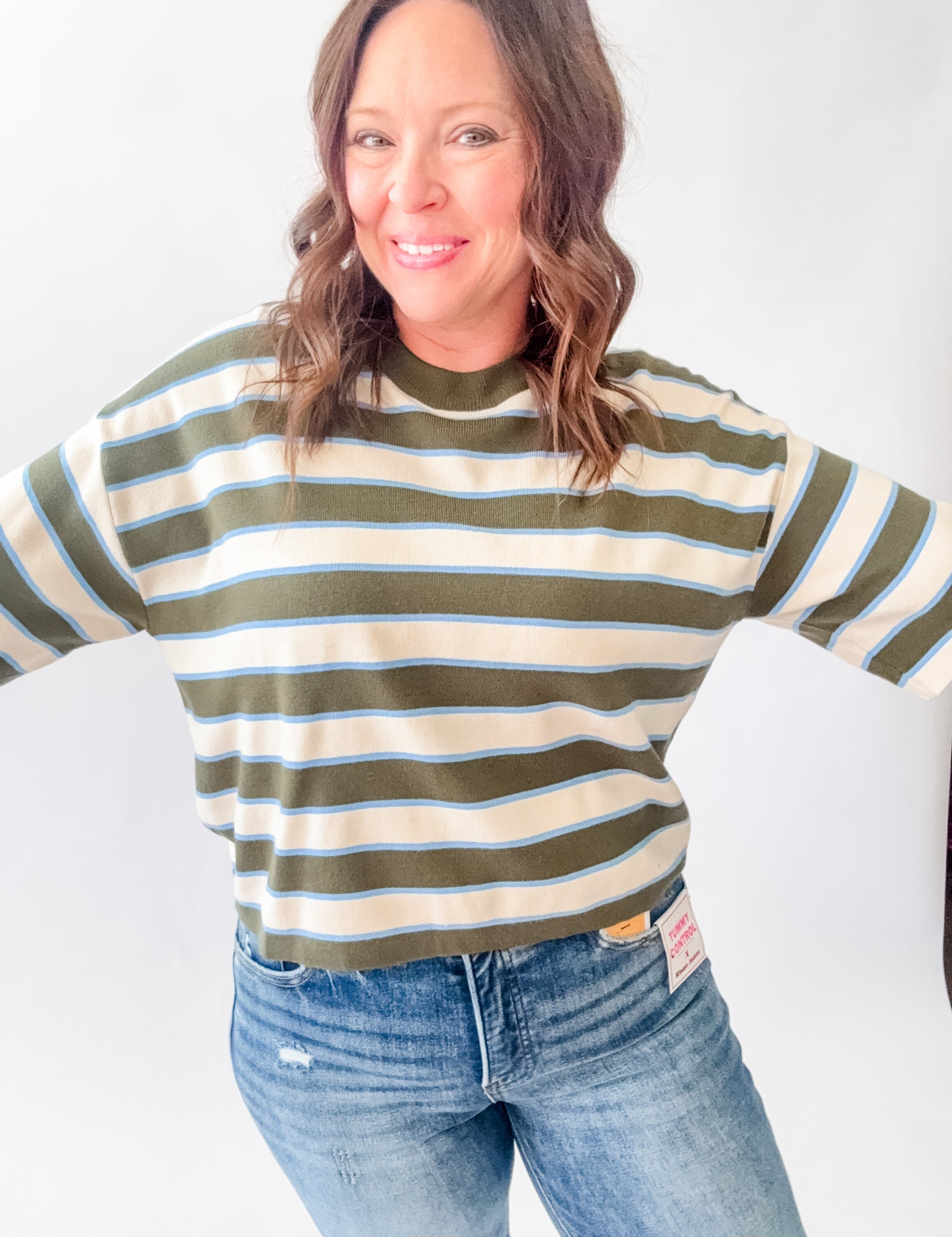 Olive Stripe Sweater Tee - Just a Small Town Girl