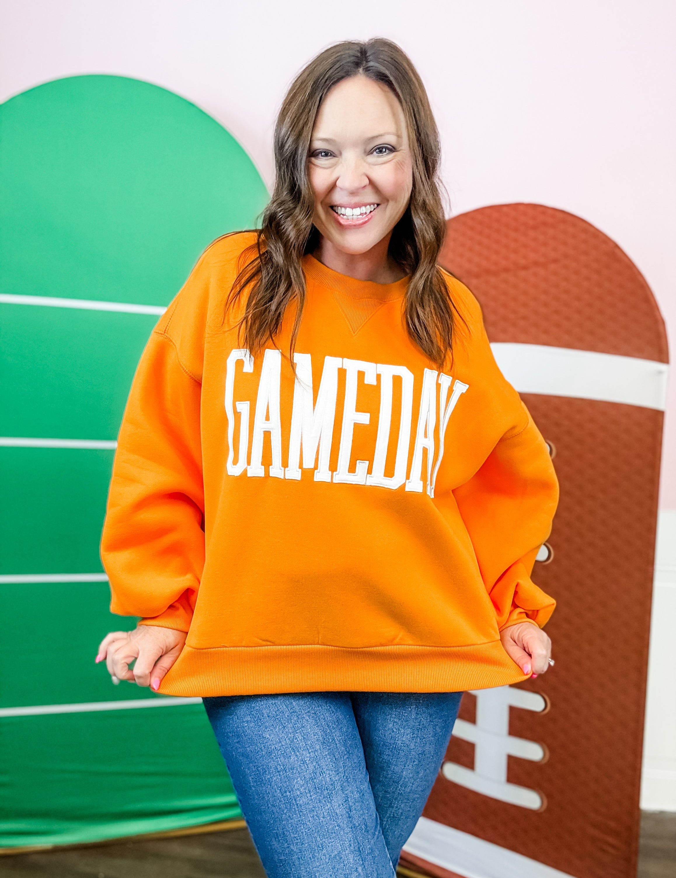 Orange Gameday Varsity Sweatshirt - Just a Small Town Girl