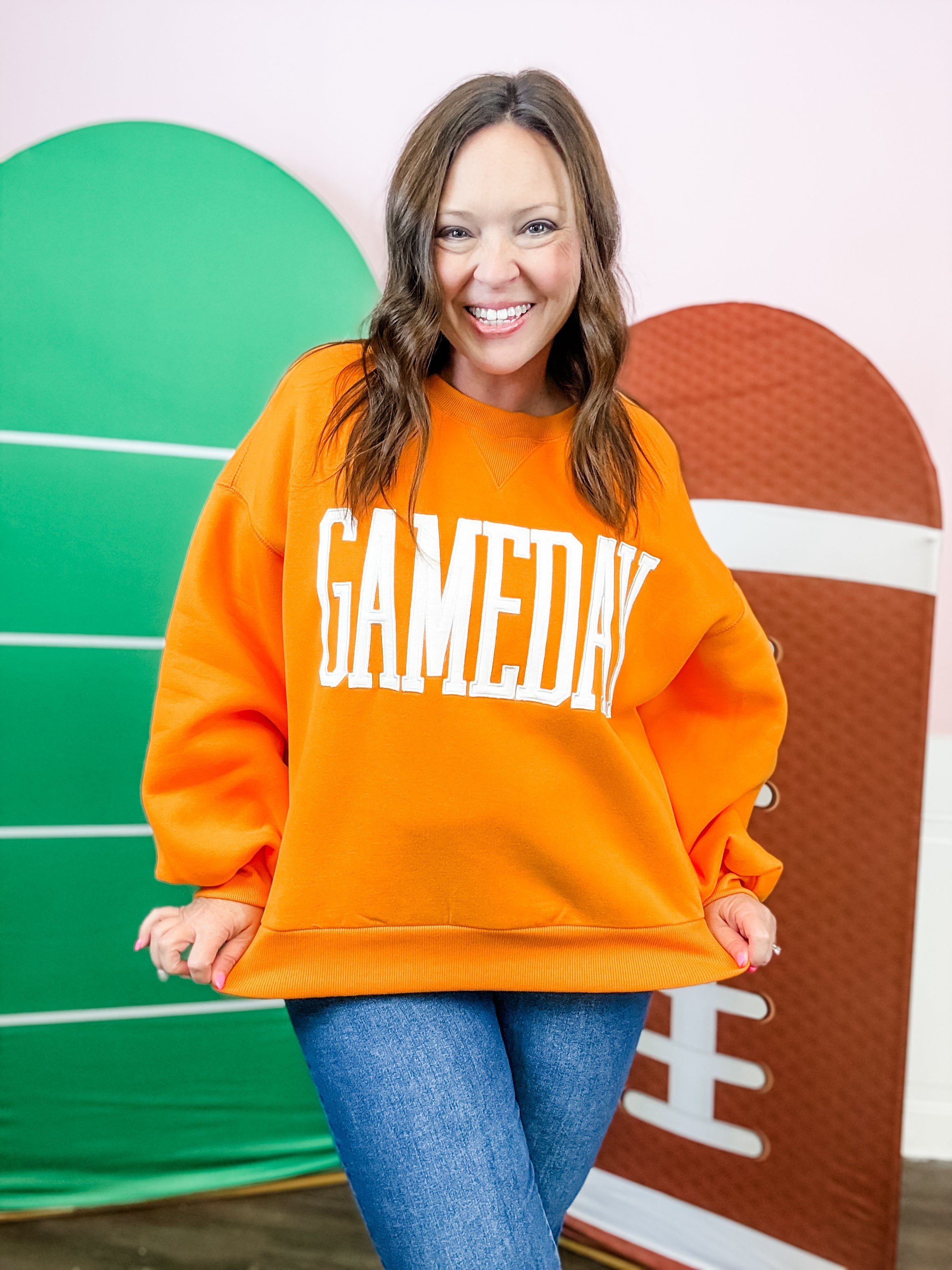 Orange Gameday Varsity Sweatshirt - Just a Small Town Girl
