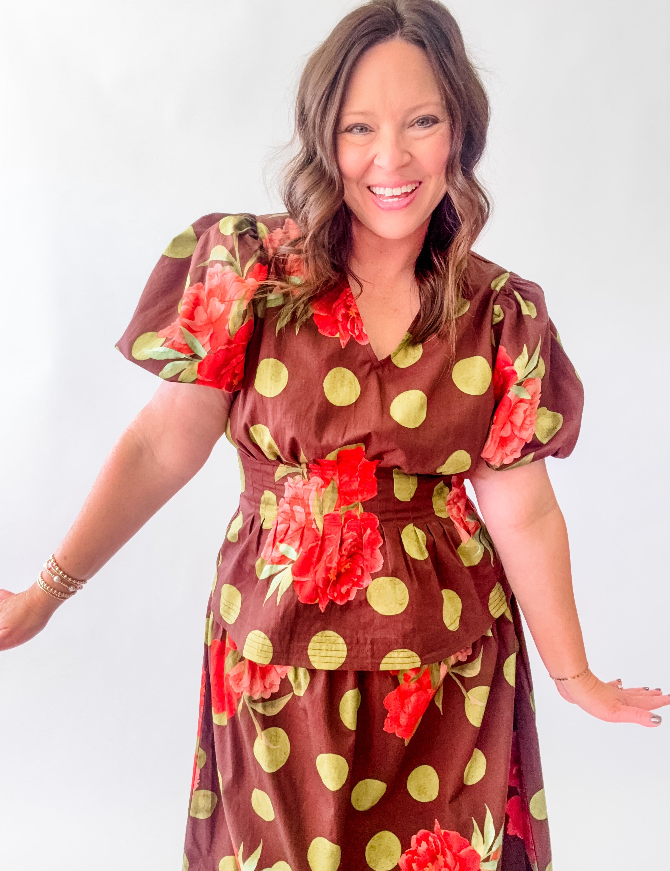 Peony Party Polka Dot Puff Sleeve Top - Just a Small Town Girl