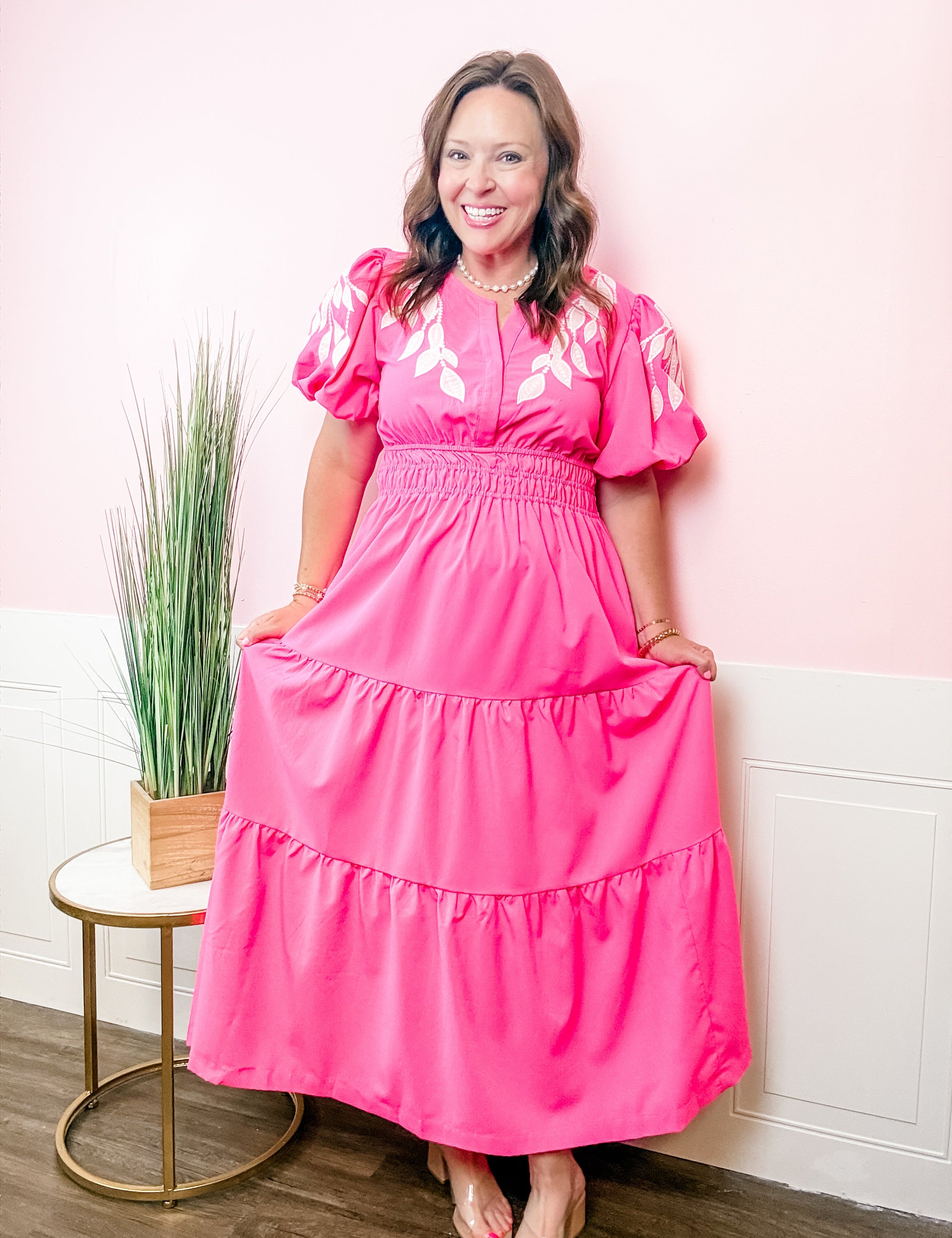 Pink Embroidered Tiered Dress - Just a Small Town Girl