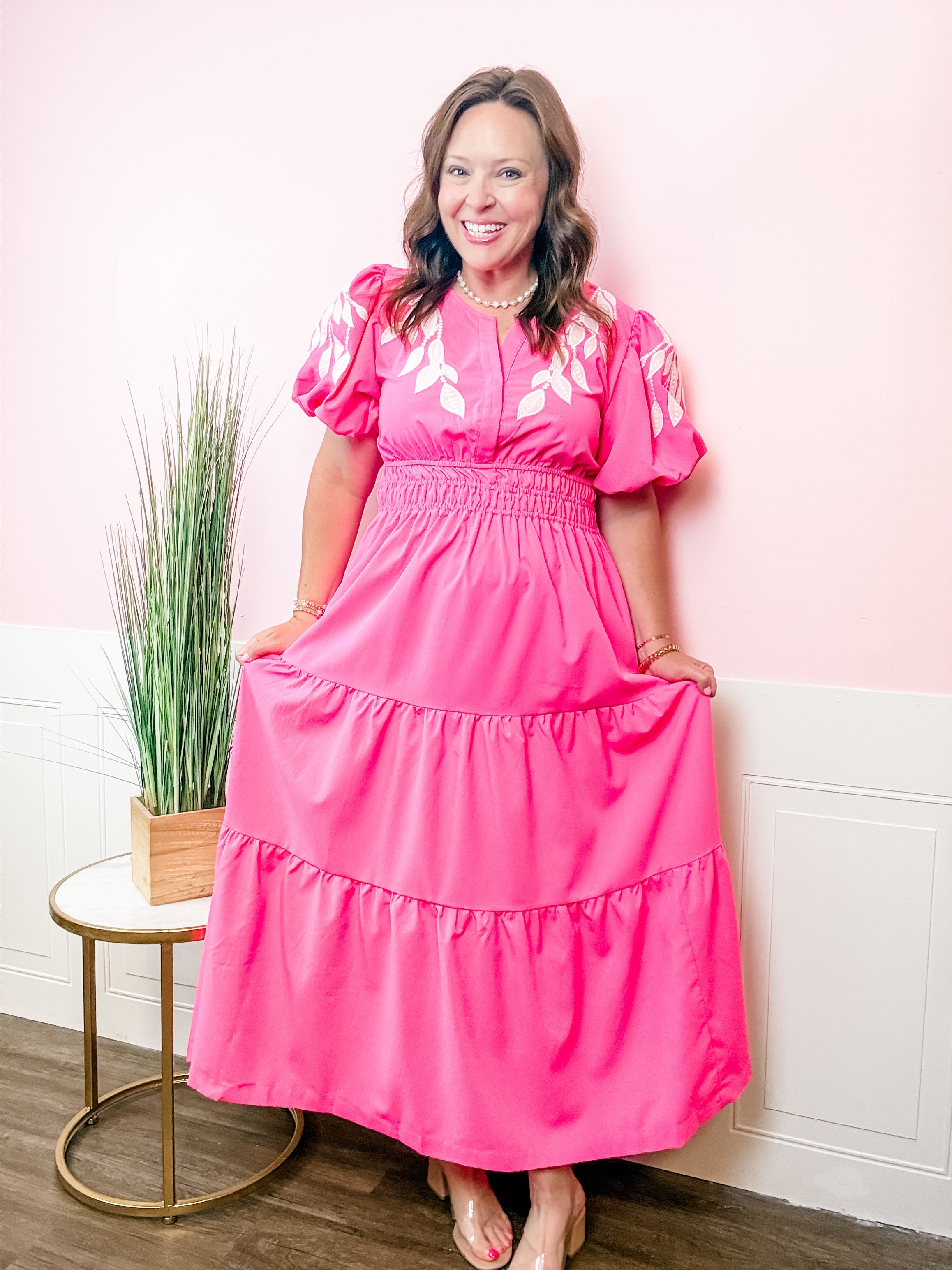 Pink Embroidered Tiered Dress - Just a Small Town Girl