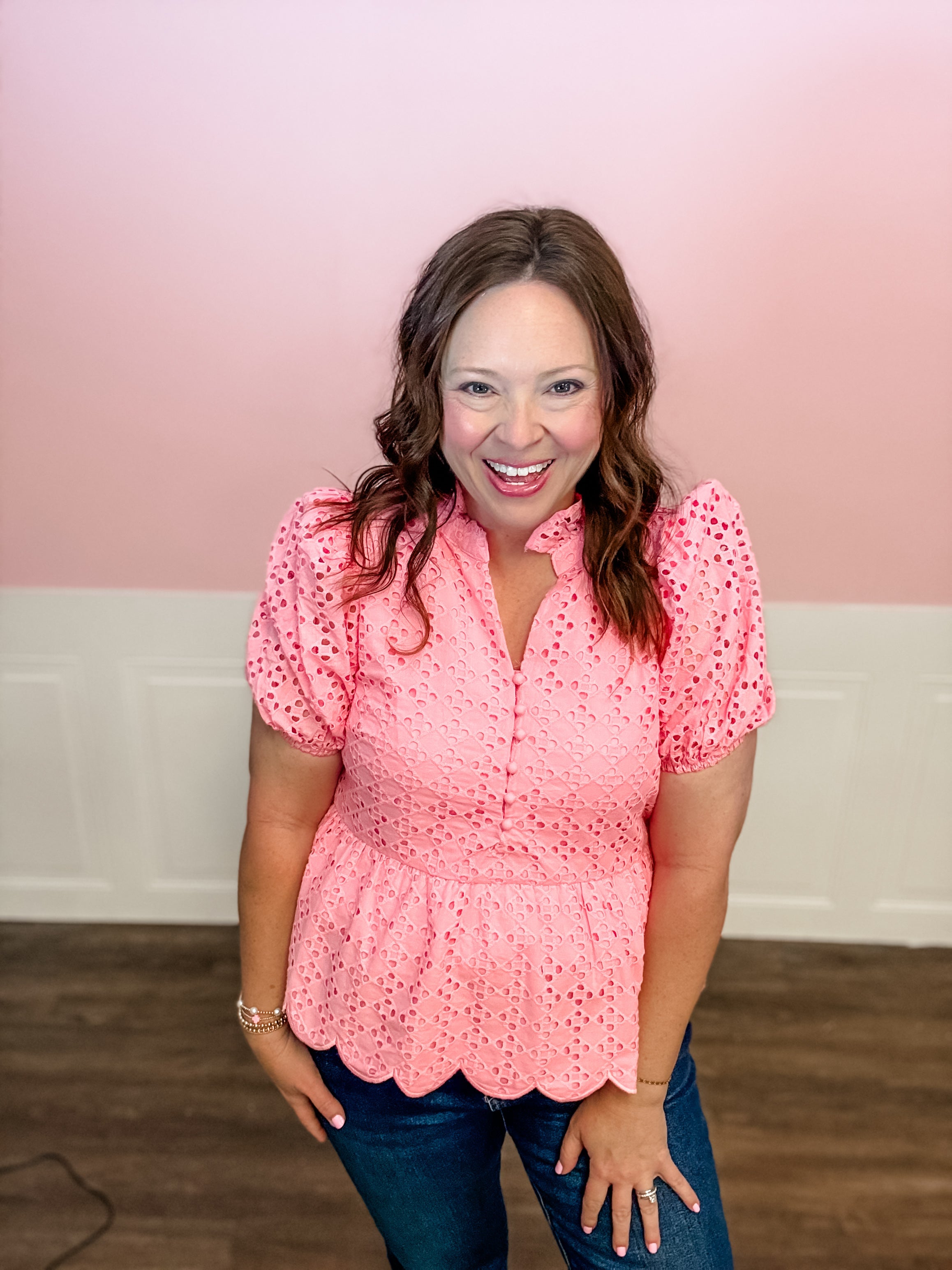 Pink Eyelet Charm Top: Plus Size - Just a Small Town Girl