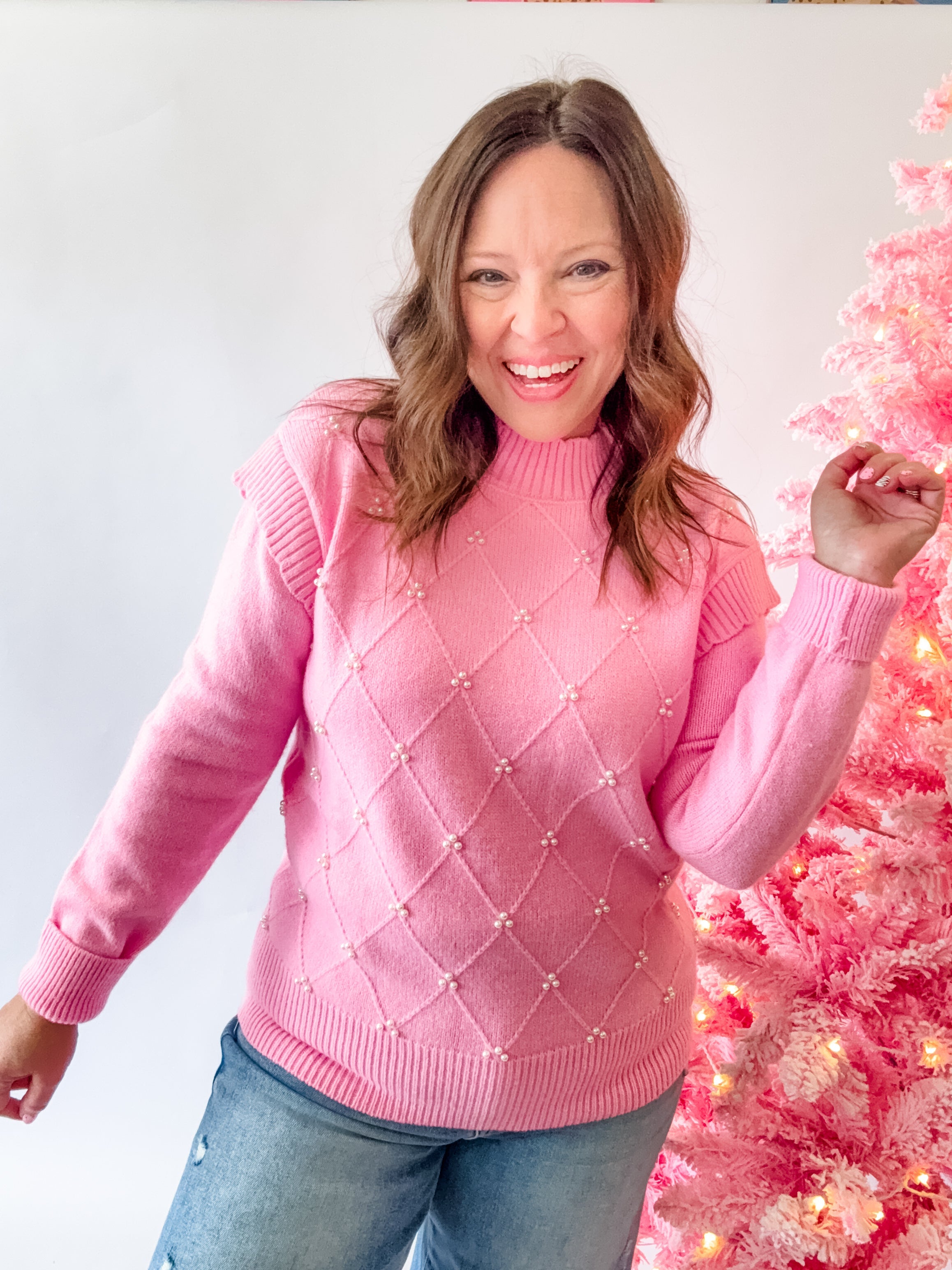 Pink Pearl Diamond Knit Sweater - Just a Small Town Girl