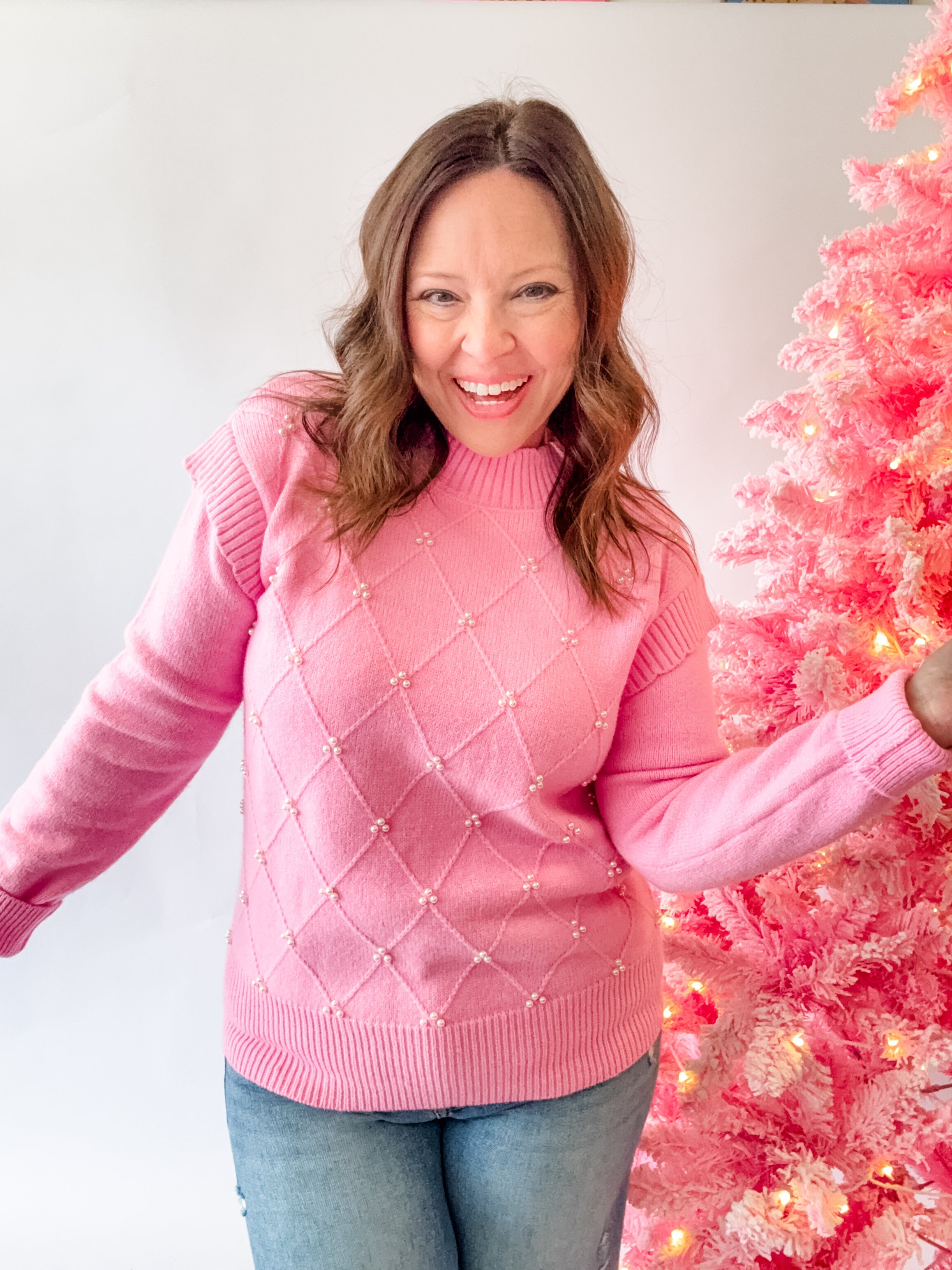 Pink Pearl Diamond Knit Sweater - Just a Small Town Girl