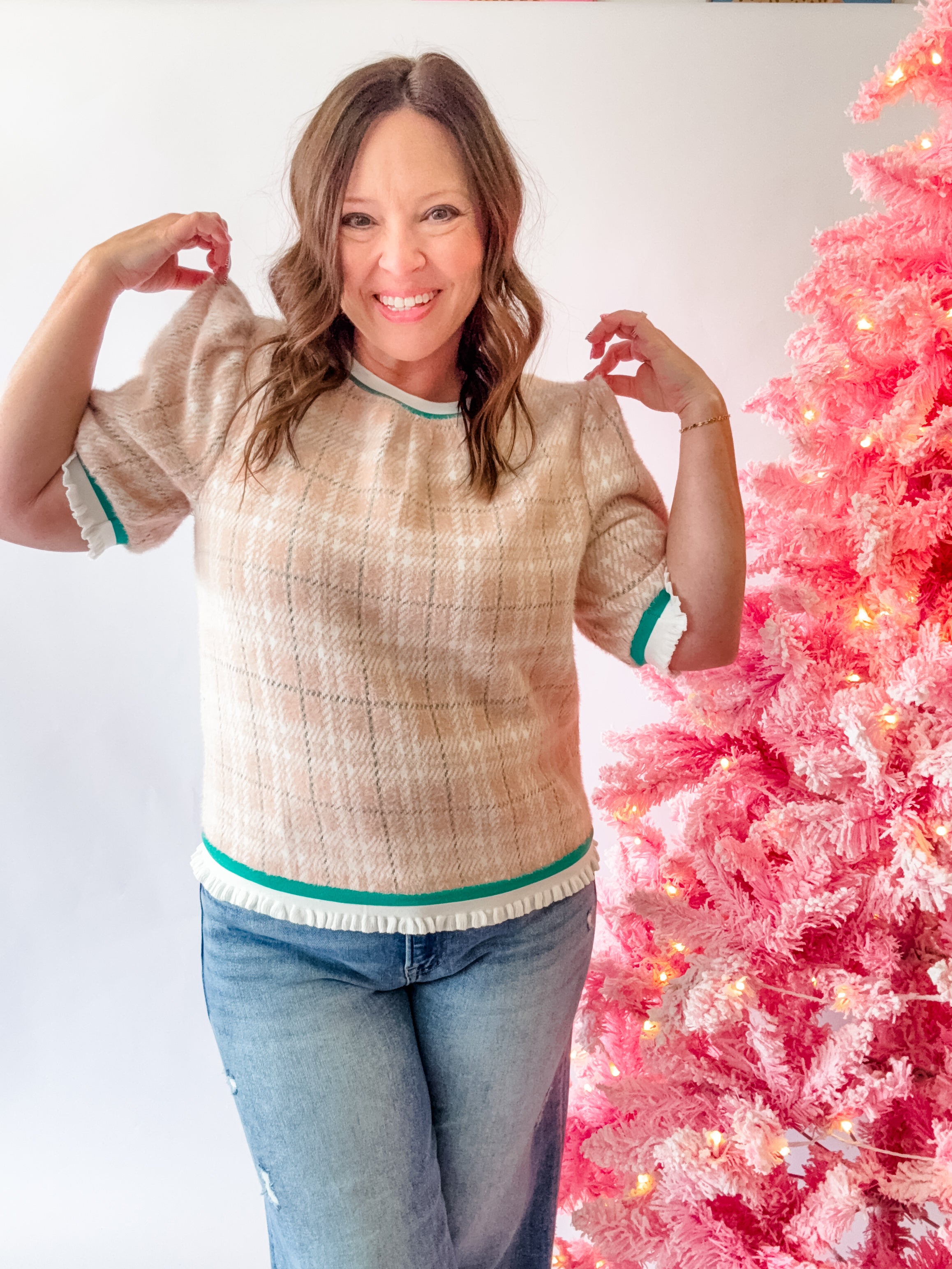 Pink Plaid Fuzzy Ruffle Trim Top - Just a Small Town Girl