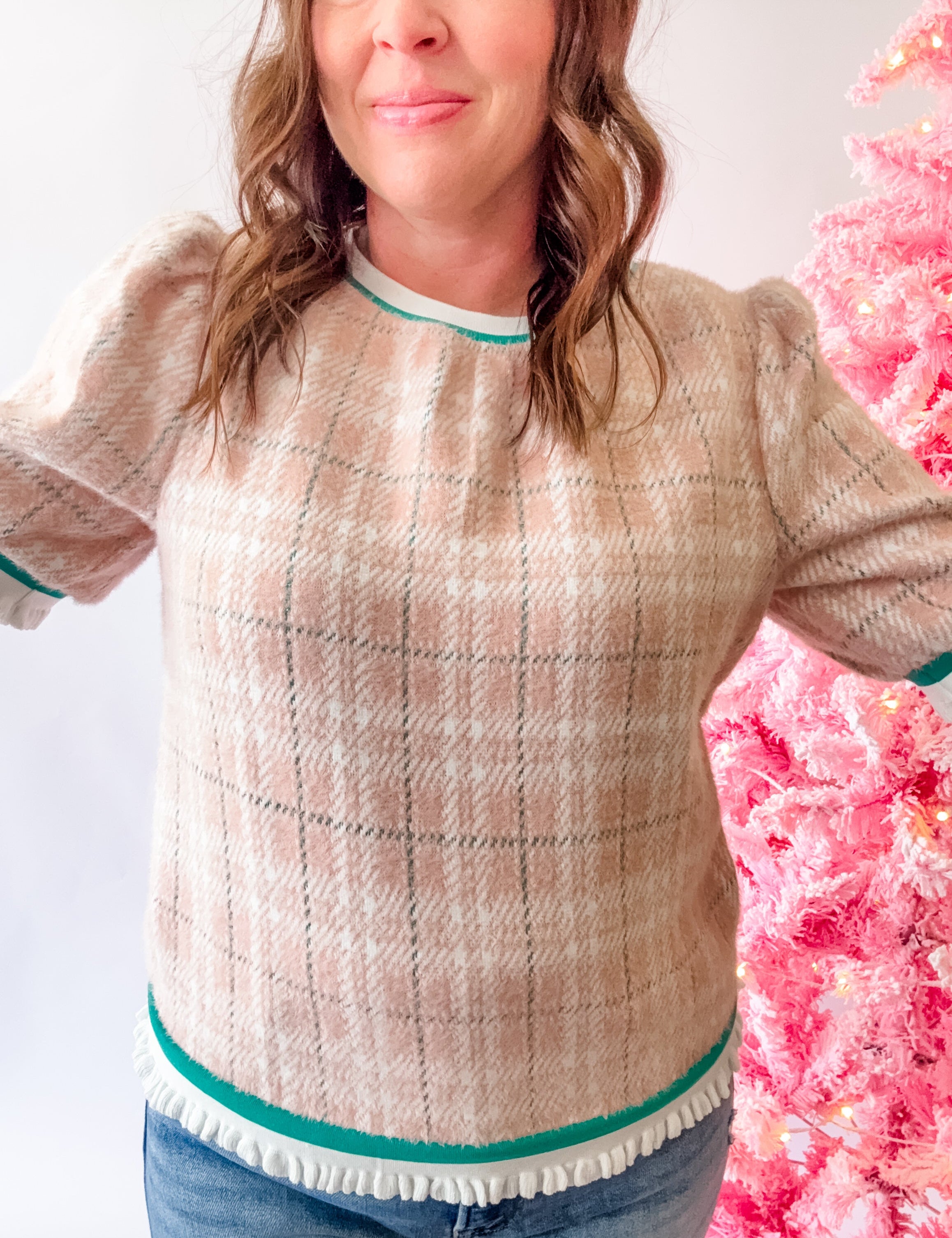 Pink Plaid Fuzzy Ruffle Trim Top - Just a Small Town Girl